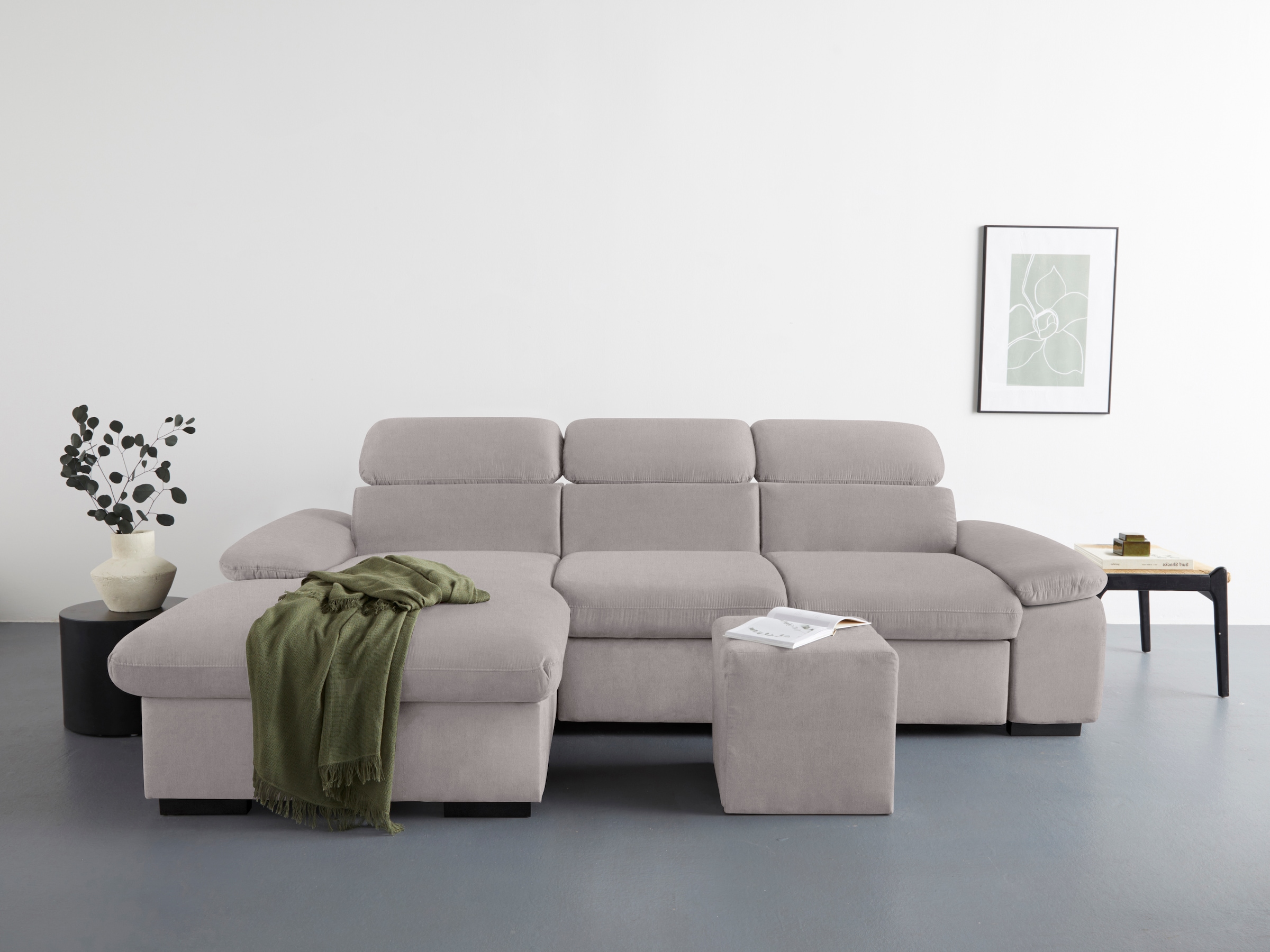 Ecksofa »Lola L-Form«, (Set, mit Hocker), mit Hocker & Kopfteilfunktion, wahlw. Bett-...