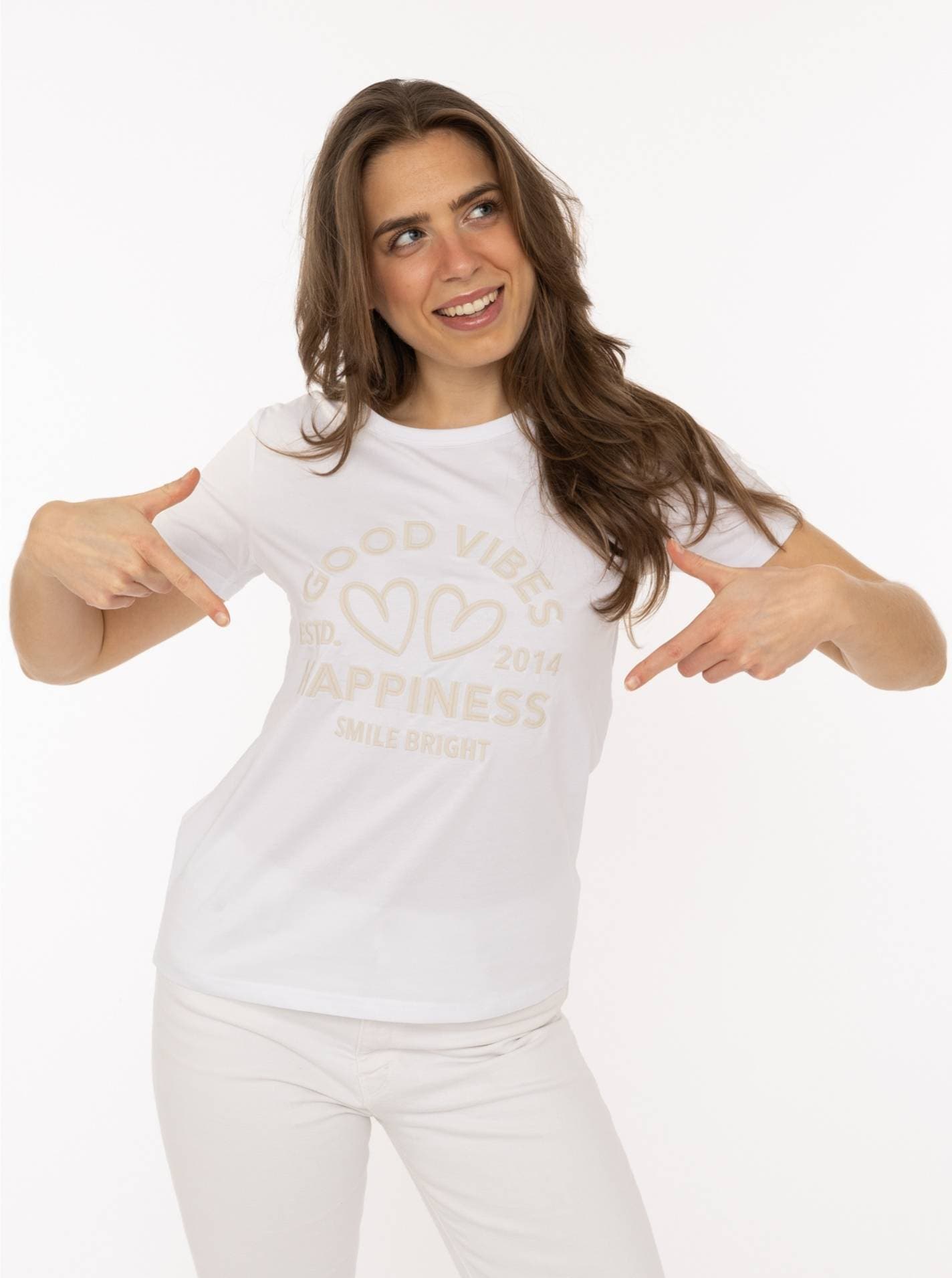 Zwillingsherz T-shirt »"Happiness Vibes"« ton in ton Stickerei, kurzarm, Rundhals