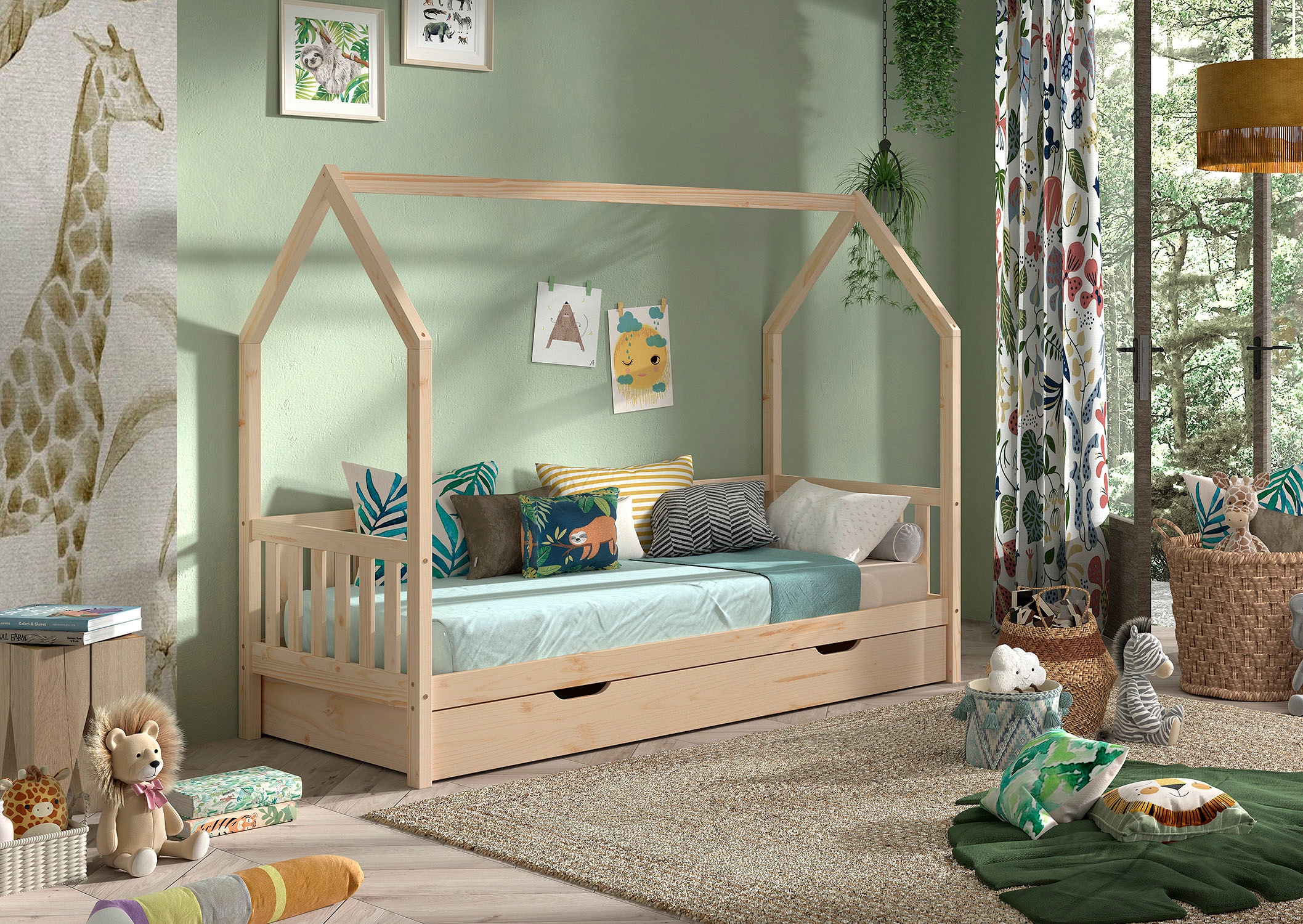 Vipack Hausbett »Cabane, mit Dachaufbau, Bettschublade auf Rollen u. Sprossenumrandung« (B/H/T ca. 208x169x98 cm) aus massiver Eiche, Oberfläche Natur,  sehr stabil und standfest gebaut inkl. Massivholz Rolllattenrost