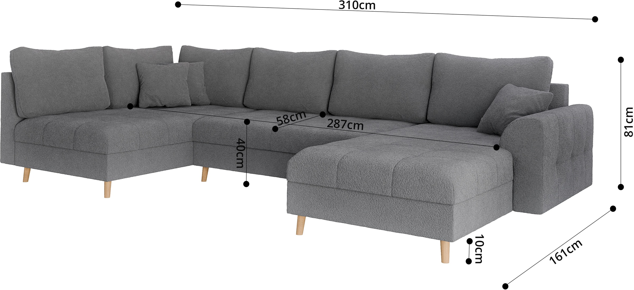 Home affaire Wohnlandschaft »CHARRE U-Form mit Ottomane, Masse B/T/H: 310/161/81 cm«, feine Steppung, lose Rücken- und Zierkissen, auch in Cord und Bouclé