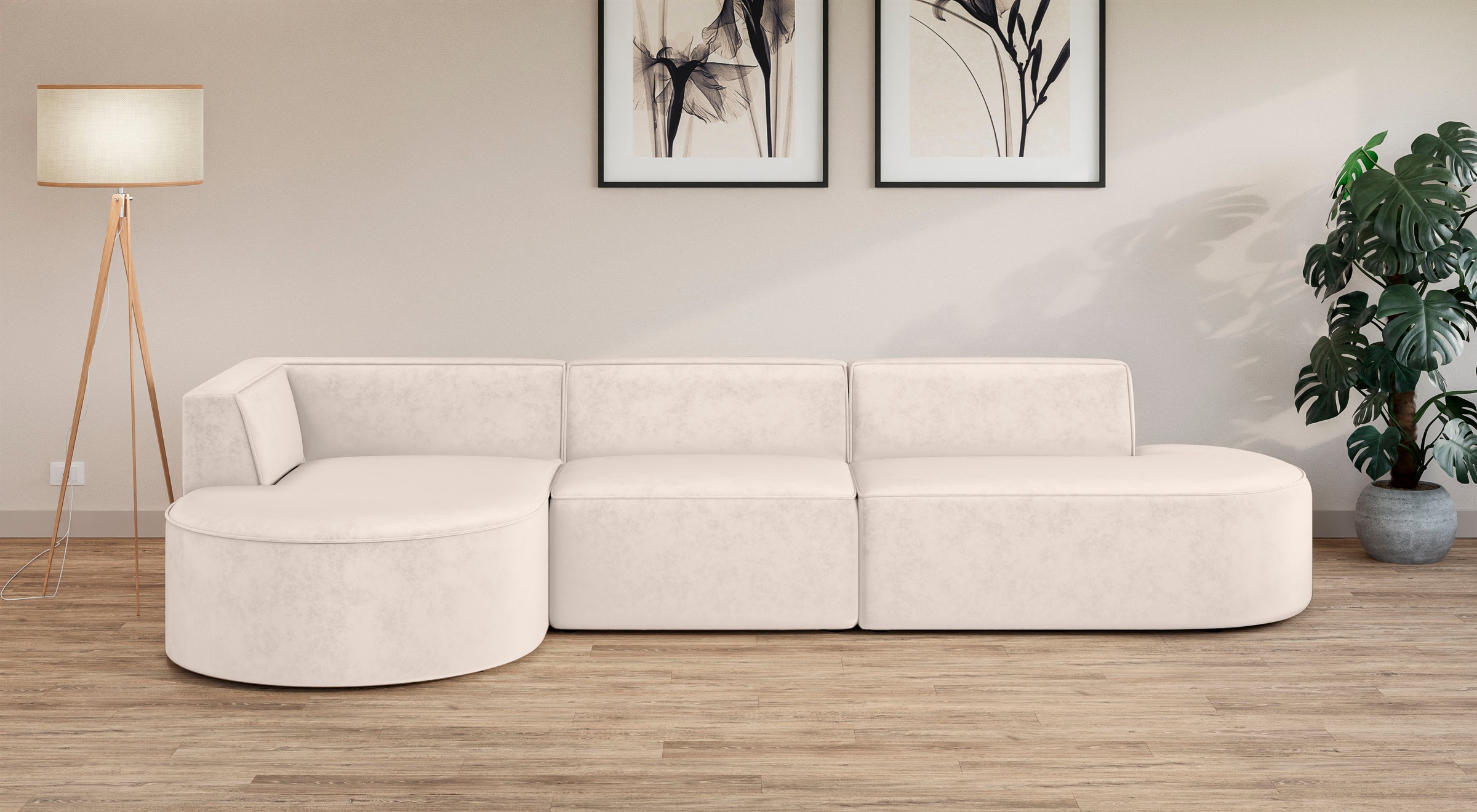 andas Ecksofa »EIVIND Designer Sofa mit Ottomane rechts/links, B/T/H: 343/159/72 cm«, L-Form mit Wellenunterfederung, auch in Feincord und Bouclé