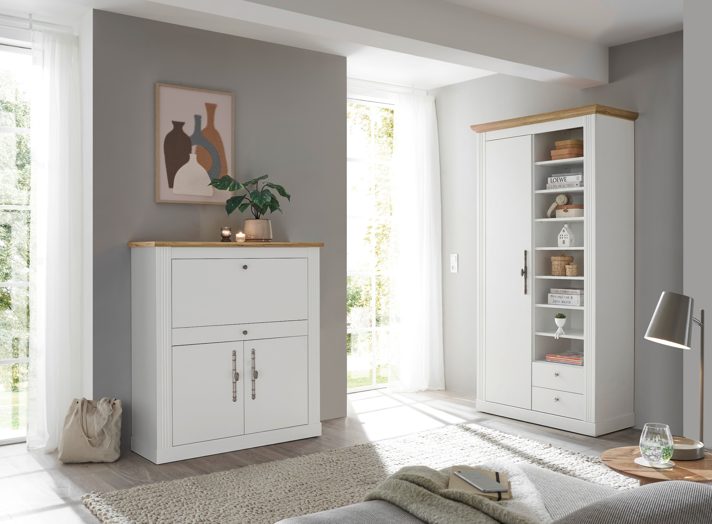 GOODproduct Ensemble de meubles de bureau »Westminster, wohnliches Home-Office, Büro in zwei Farben verfügbar« Ensemble, 2 tlg. comprend secrétaire et armoire de rangement style campagne, avec goulotte pour câbles