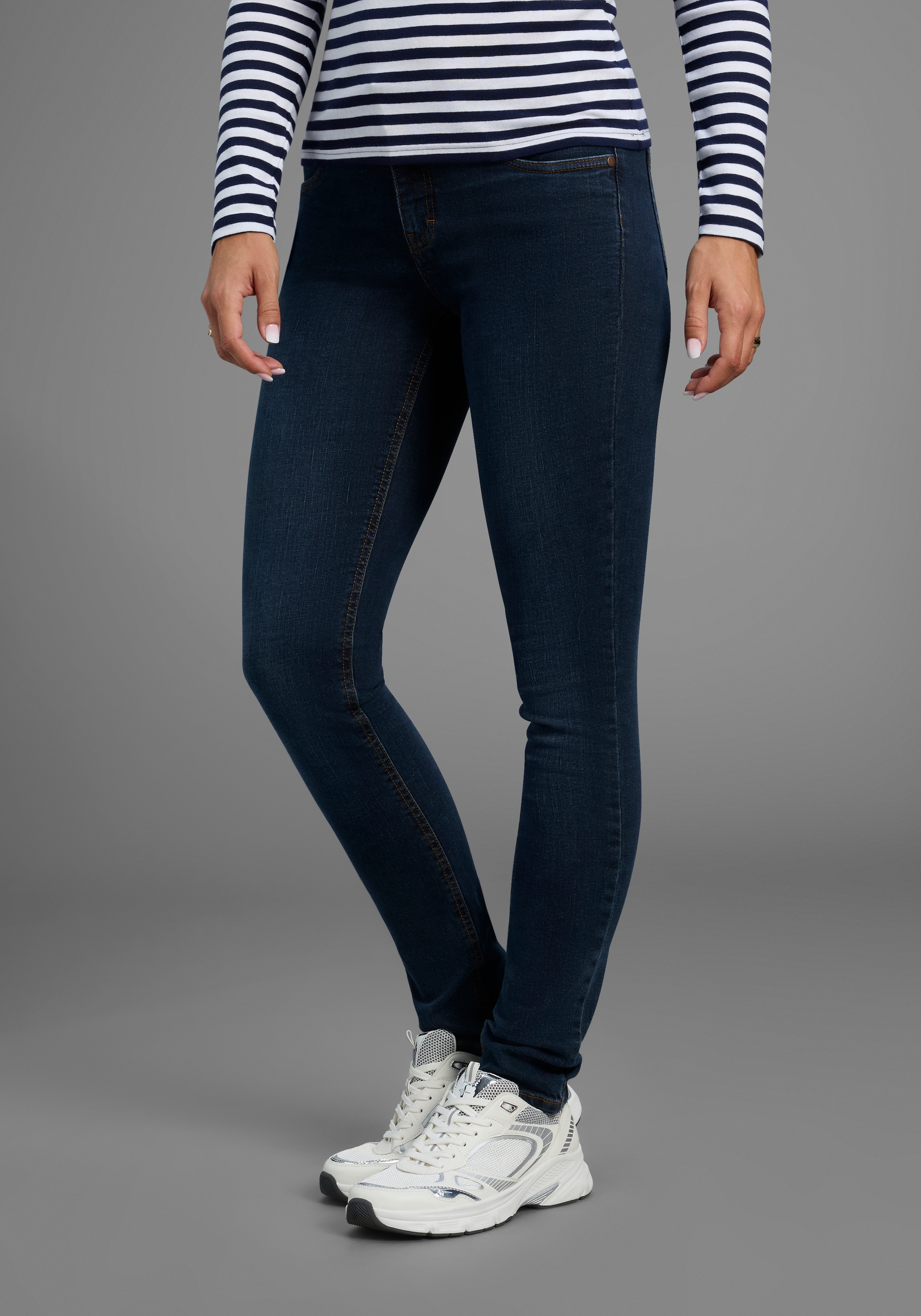 Image of Arizona Slim-fit-Jeans "Bund mit seitlichem Gummizugeinsatz" schmale Passform, Röhrenjeans, Used-Waschung, hohe Leibhöhe
