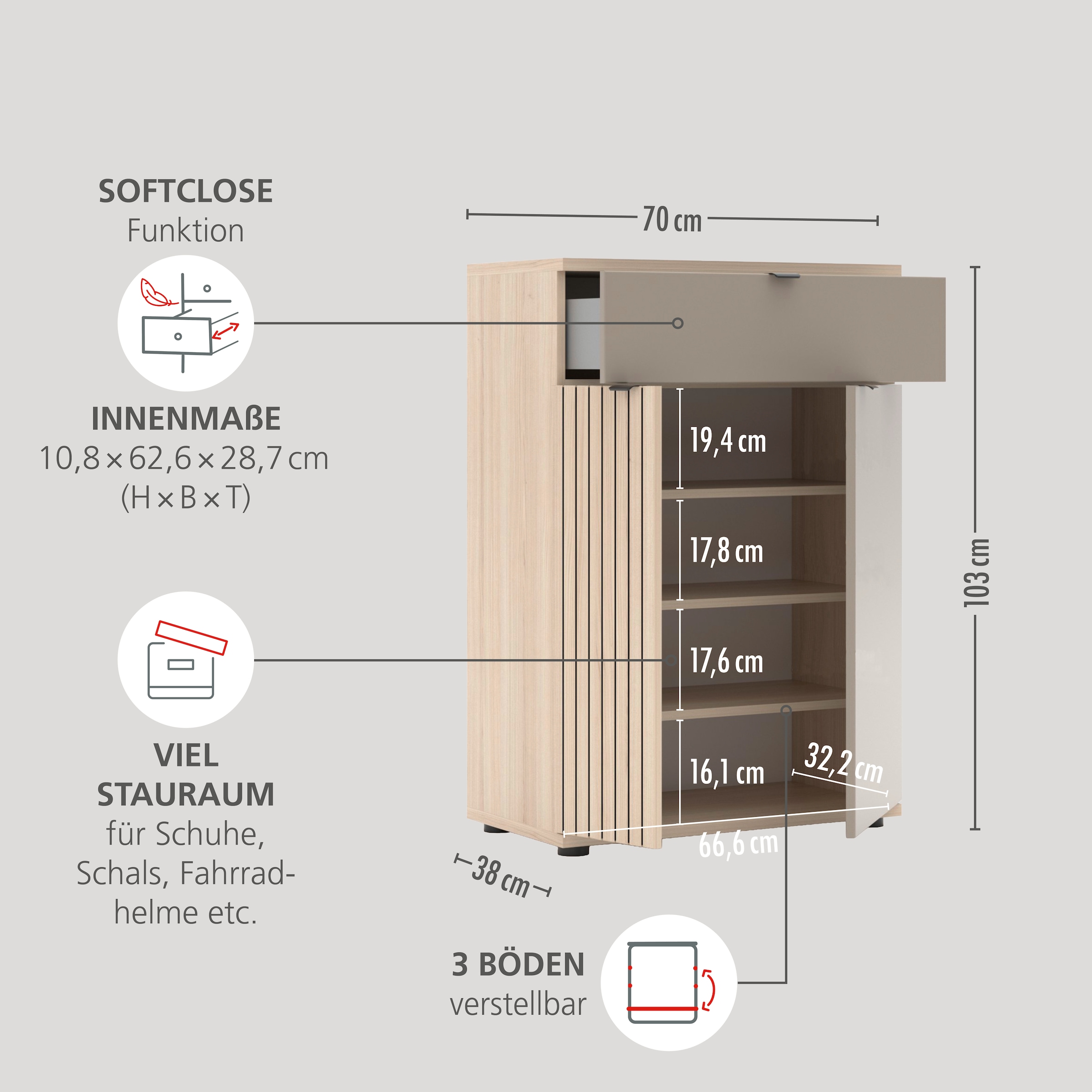 Innostyle Armoire à chaussures »PISA Schuhschrank« 1 cuis tlg. Fermeture douce, bord AB, 1 tiroir, 4 compartiments