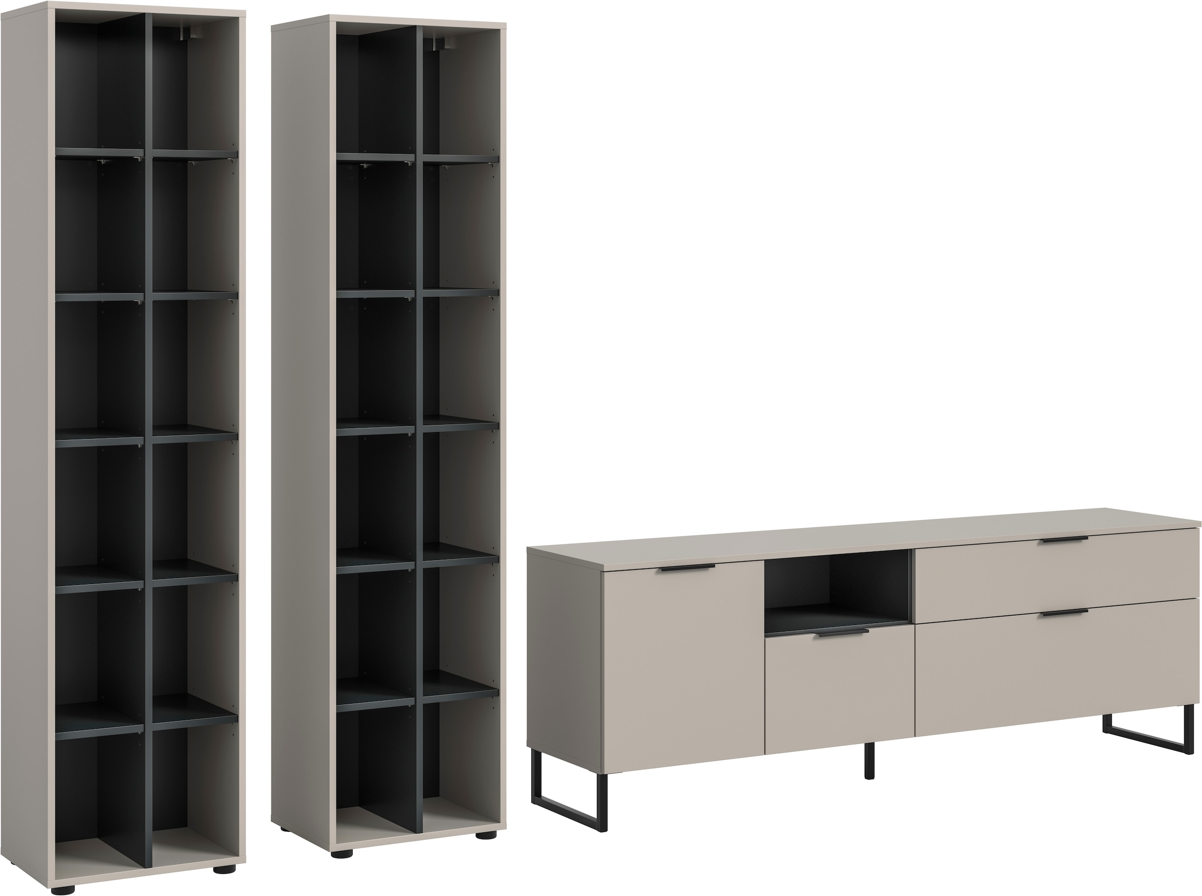 Image of Home affaire Wohnwand "ADIO, Breite 305 cm, 3-teiliges Set, mit Metall-Kufenfüsse" Set, bestehend aus: 2x Standregal und Lowboard, 3 Stk. tlg.