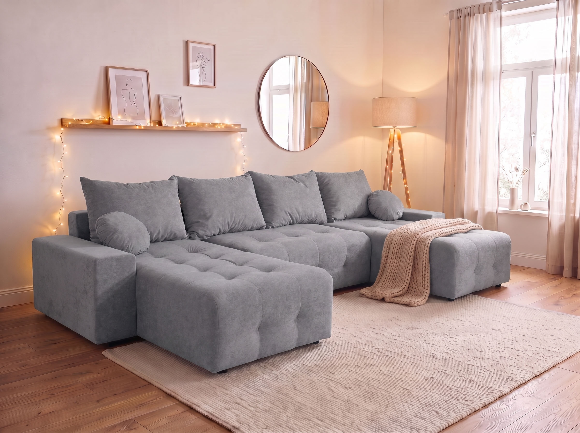 GOODproduct Paysage de salon »Jessy U-Form, B: 313 cm, in Cord & weiteren Bezügen« Fonction couchage, coffre de lit, rembourrage ressorts ensachés