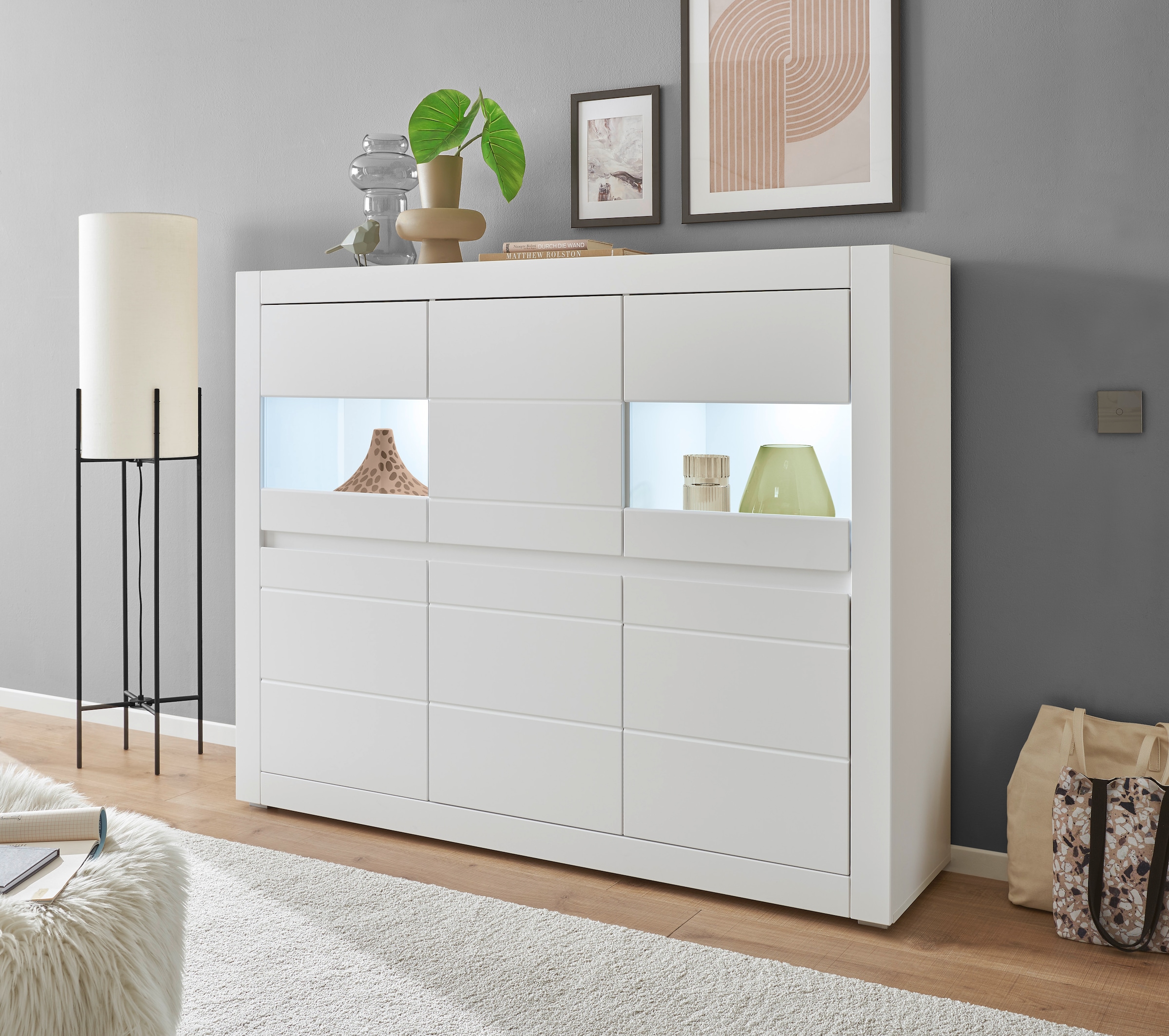 INOSIGN Highboard »Chester, moderne Kommode, Schrank mit Stauraum, Sideboard in Weiss Matt«, (1 St.), austauschbare Blende in Griffleiste, zeitloses Design, 165 cm breit