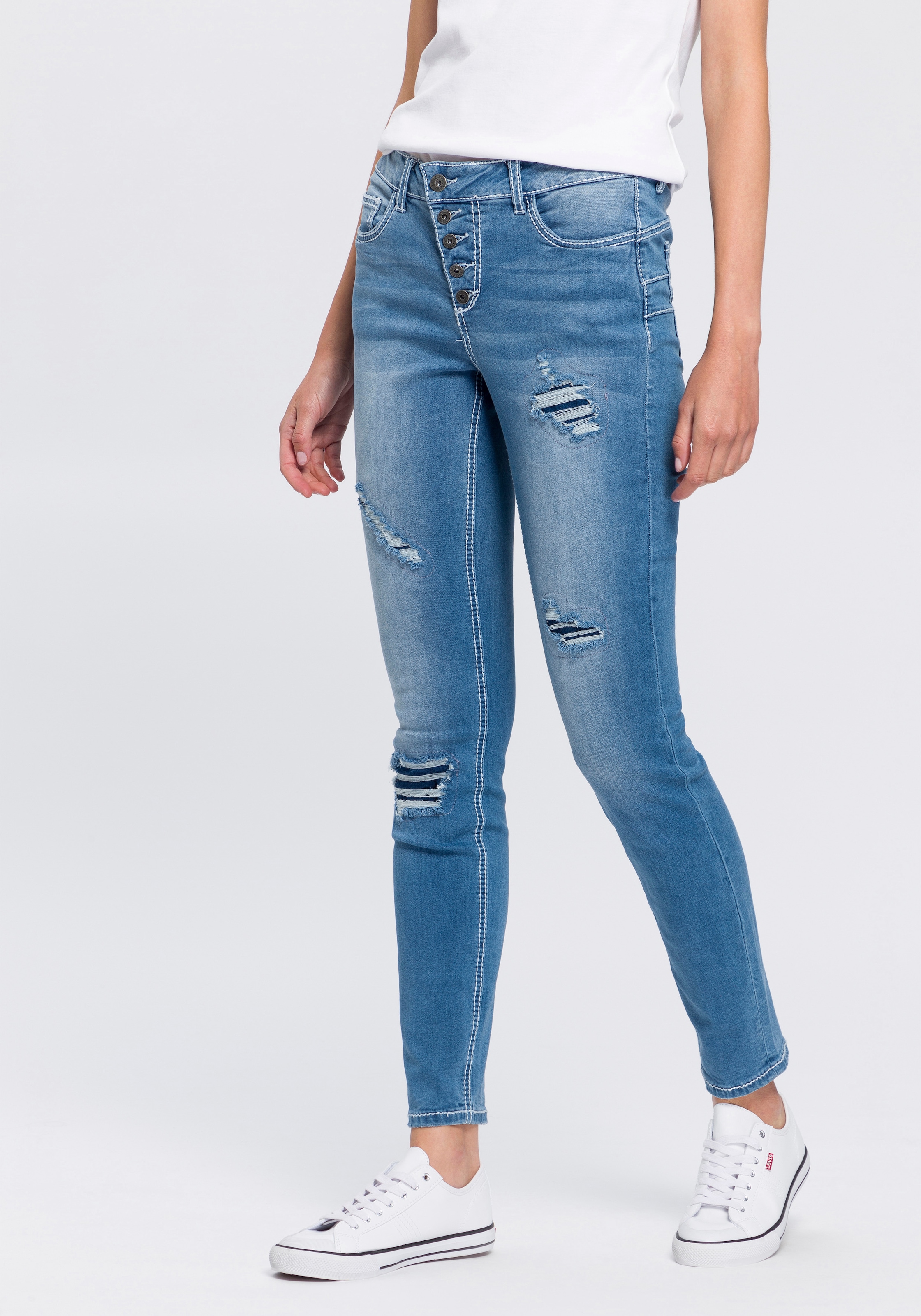 Arizona Slim-fit-Jeans »mit sichtbarer, schräger Knopfleiste«, Mid Waist  versandkostenfrei auf | Weite Jeans