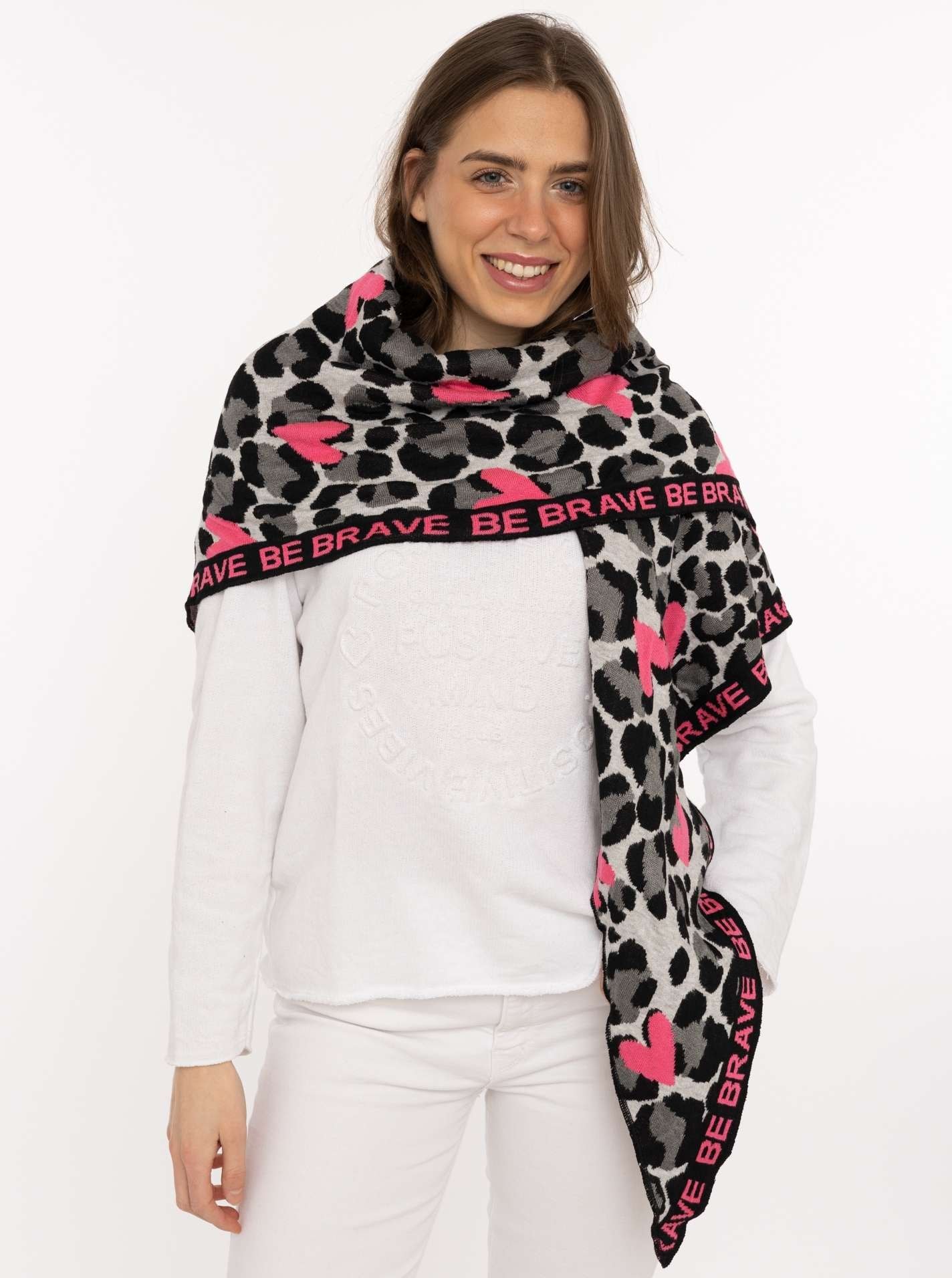 Image of Zwillingsherz Dreieckstuch ""Be Brave"" Leomuster, mit pinken Herzen und Schriftzug, tolles Accessoire