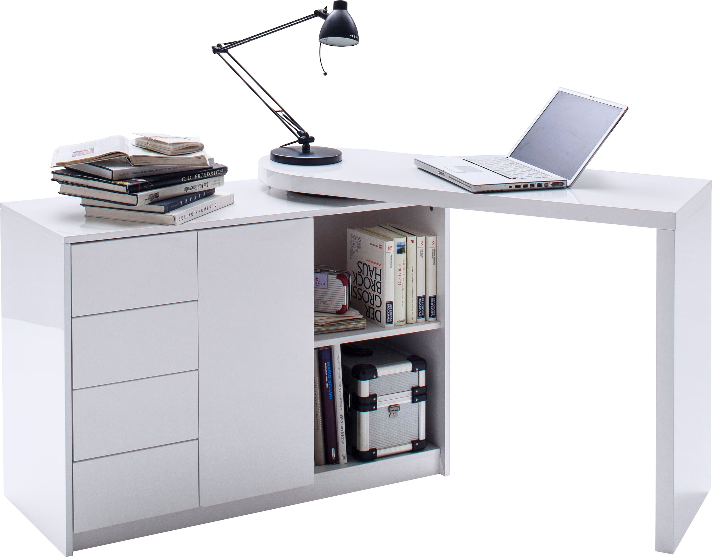 MCA furniture Schreibtisch »Matt«, Weiss Hochglanz mit Regalschrank, Tischplatte Schwenkbar