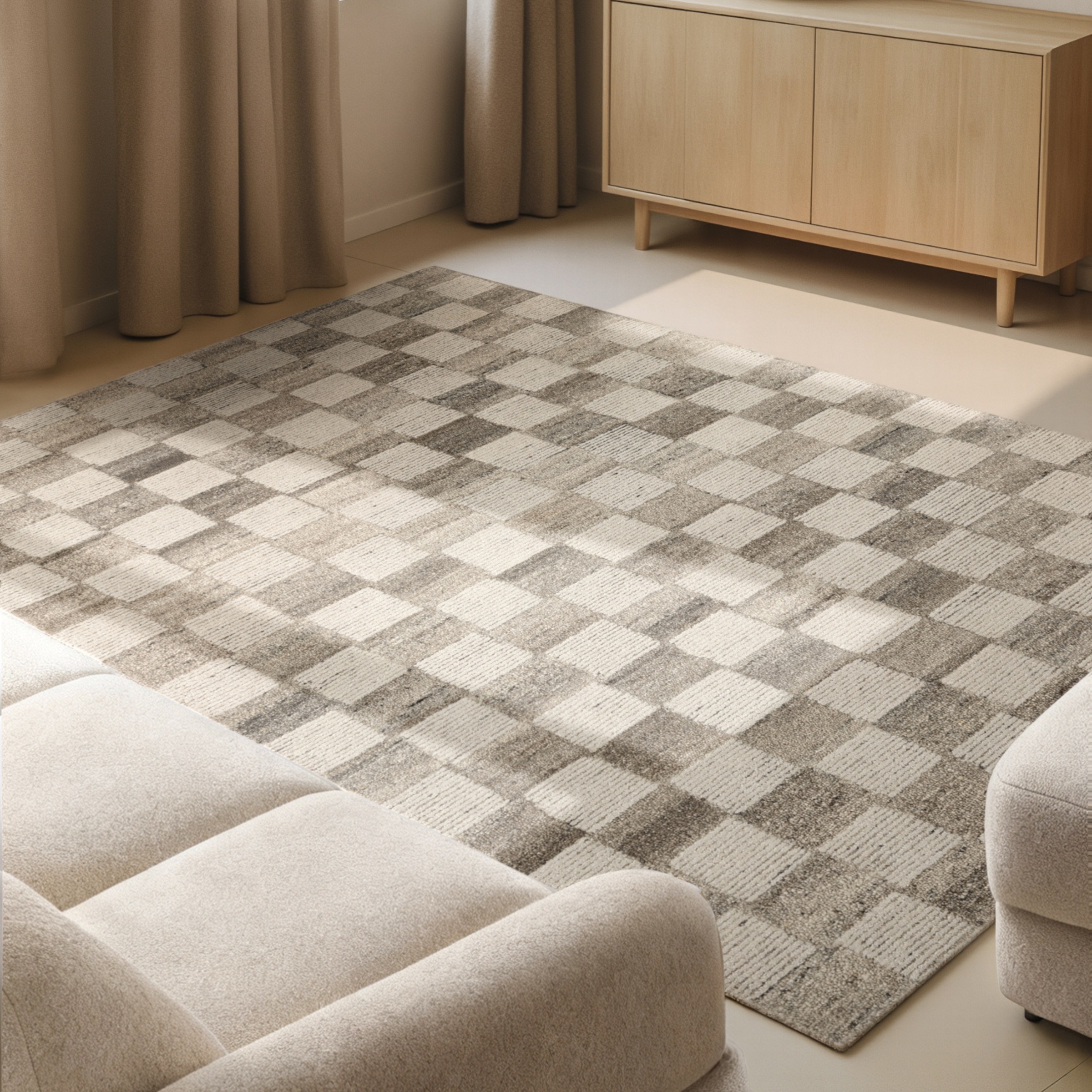 Image of vikosa Wollteppich "Quadra" rechteckig 15 mm Höhe Handgemacht, Kariert, Karo, Natur, Wolle, Wohnzimmer,Schlafzimmer