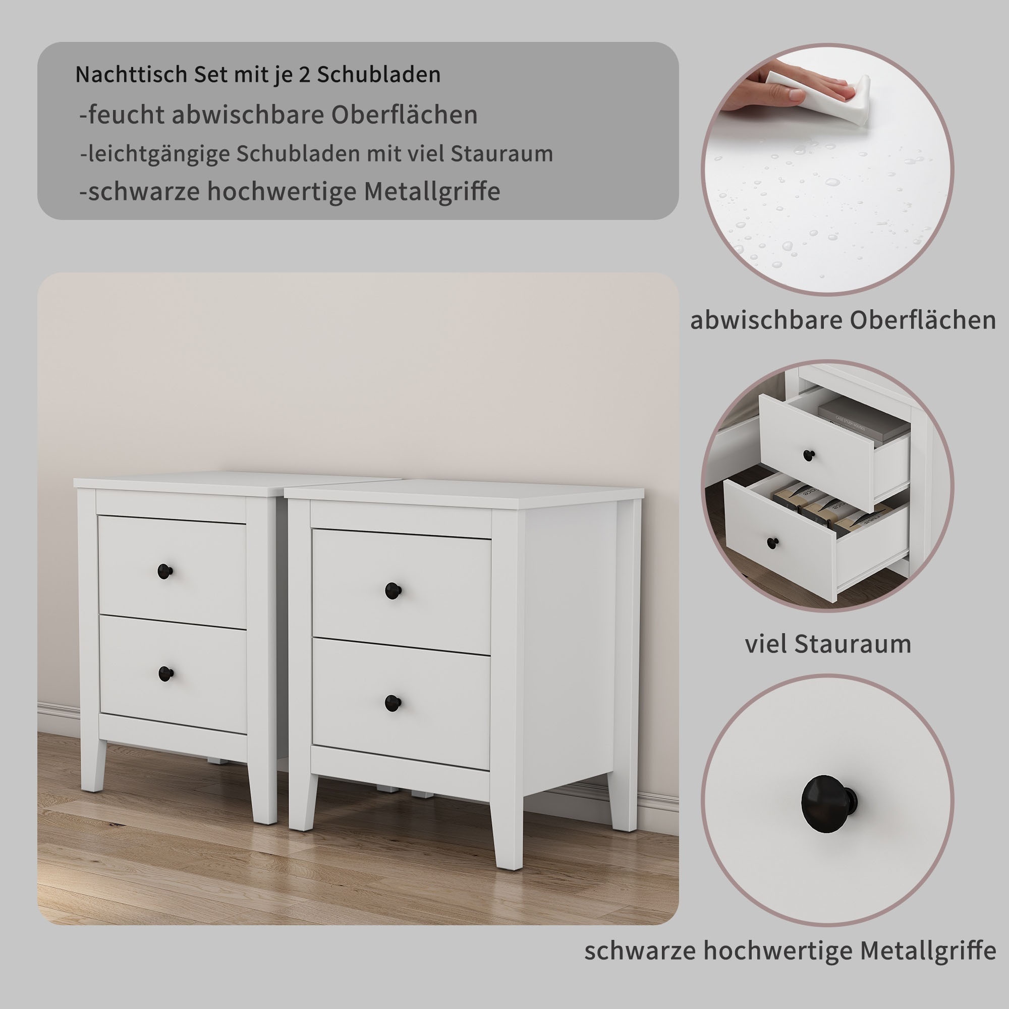 GOODproduct Nachtkommode »Borkum Nachttisch Set im Landhaus Design weiss Bestseller« Set, 2 Schränke im Set, schwarze Griffe aus Metall, 