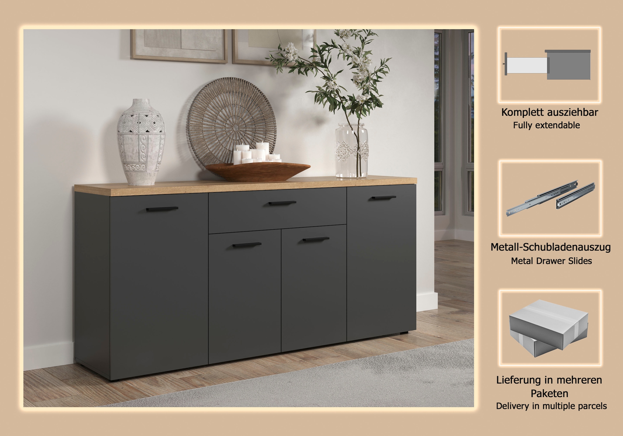 Home affaire Sideboard »Bajo« 1 Stk. tlg. Kommode mit 4 Türen und 1 Schubkasten – (B/T/H) 180/42/85 cm