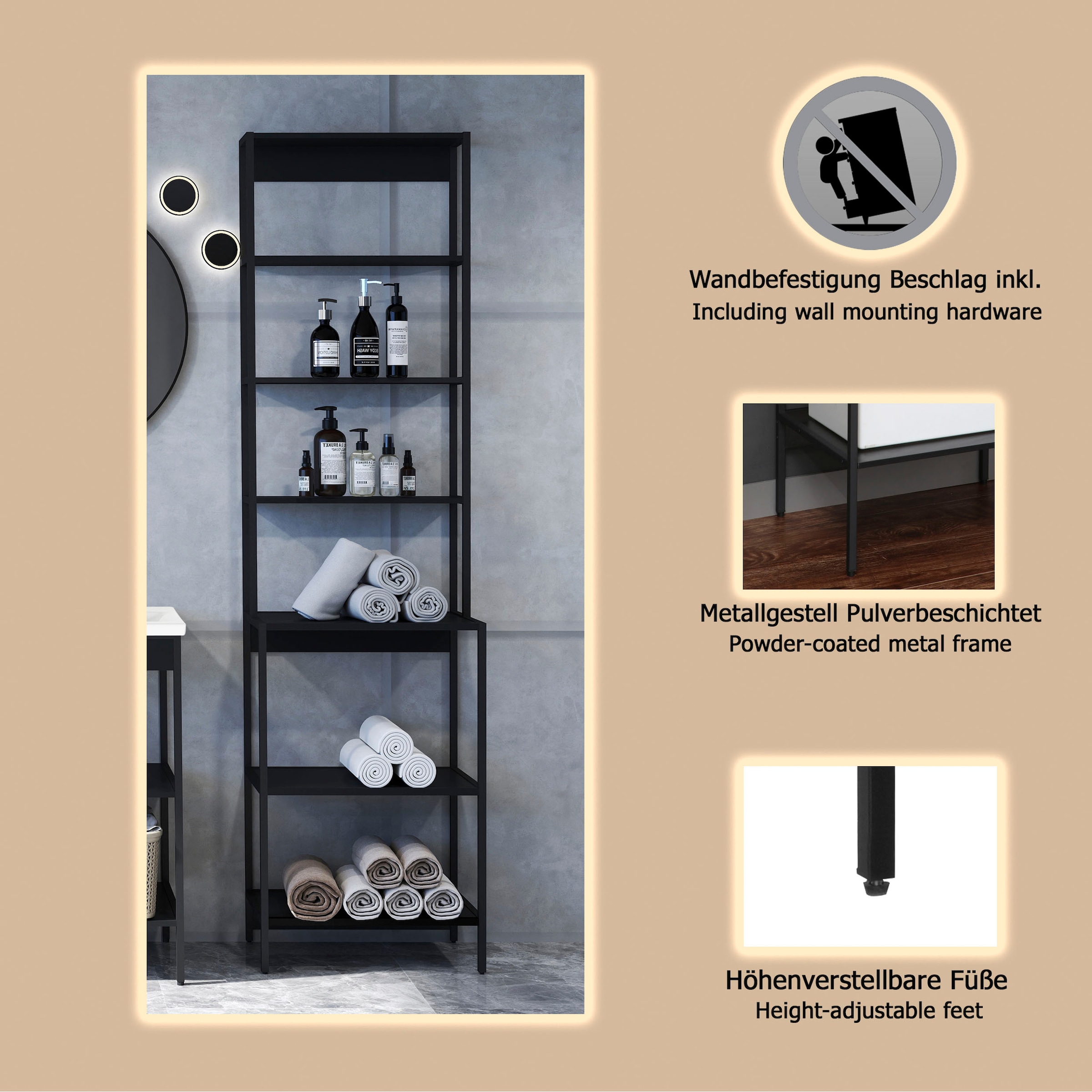 welltime Étagère de salle de bain »Lodi« 1 cuis tlg. Hochregal mit Metallrahmen, 6 Böden - (B/T/H) 51/30/190 cm
