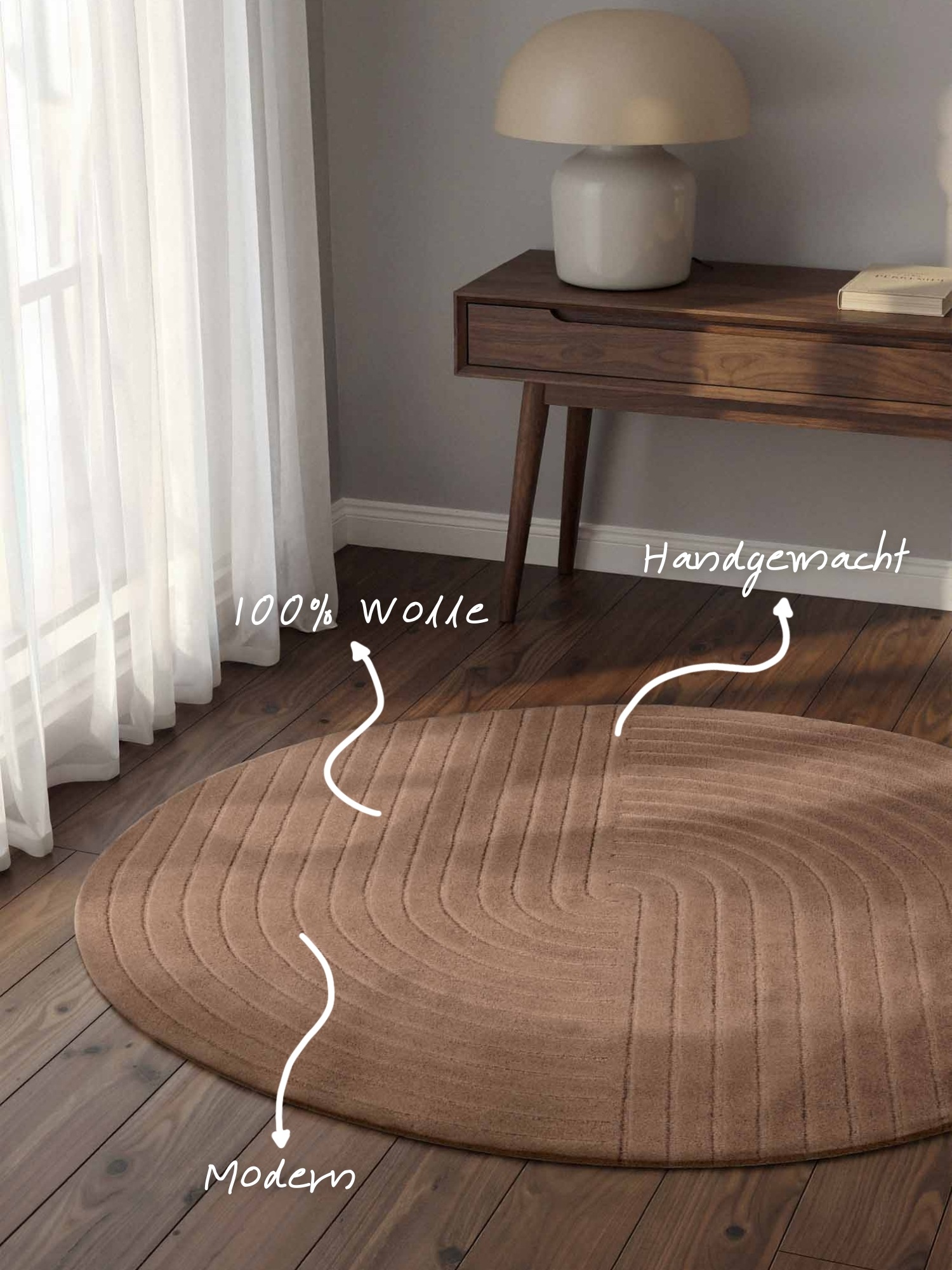 vikosa Tapis en laine »Arcura« Rond 15 mm Höhe Wolle Handgemacht, Hoch-Tief-Effekt, Geometrisches Linien Wellendesign