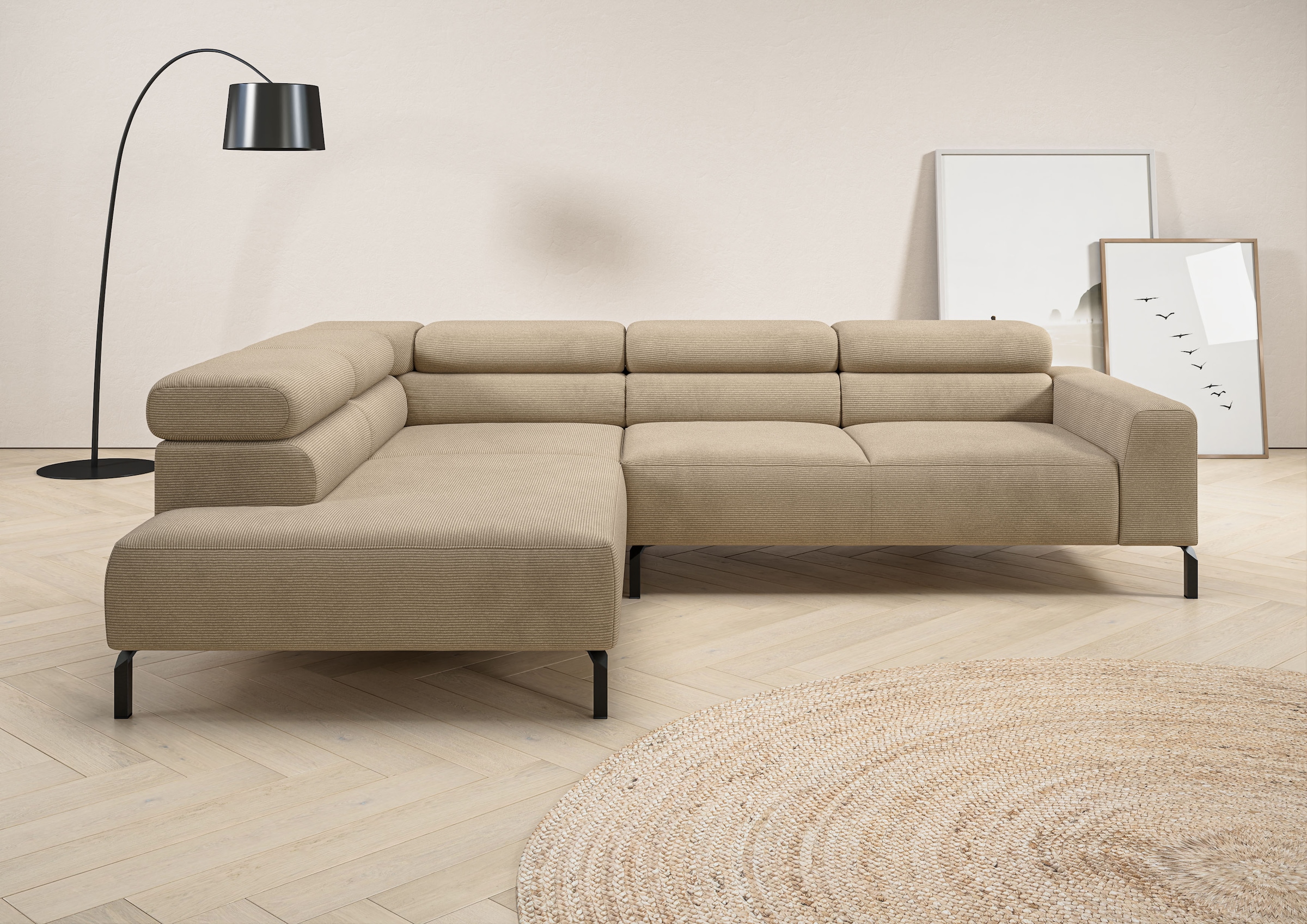 Image of Home affaire Ecksofa "Antonelli, L-Form, inkl. Kopfteilverstellung, Breite 276 cm, bequem" ohne Sitztiefenverstellung, in Feincord, sand