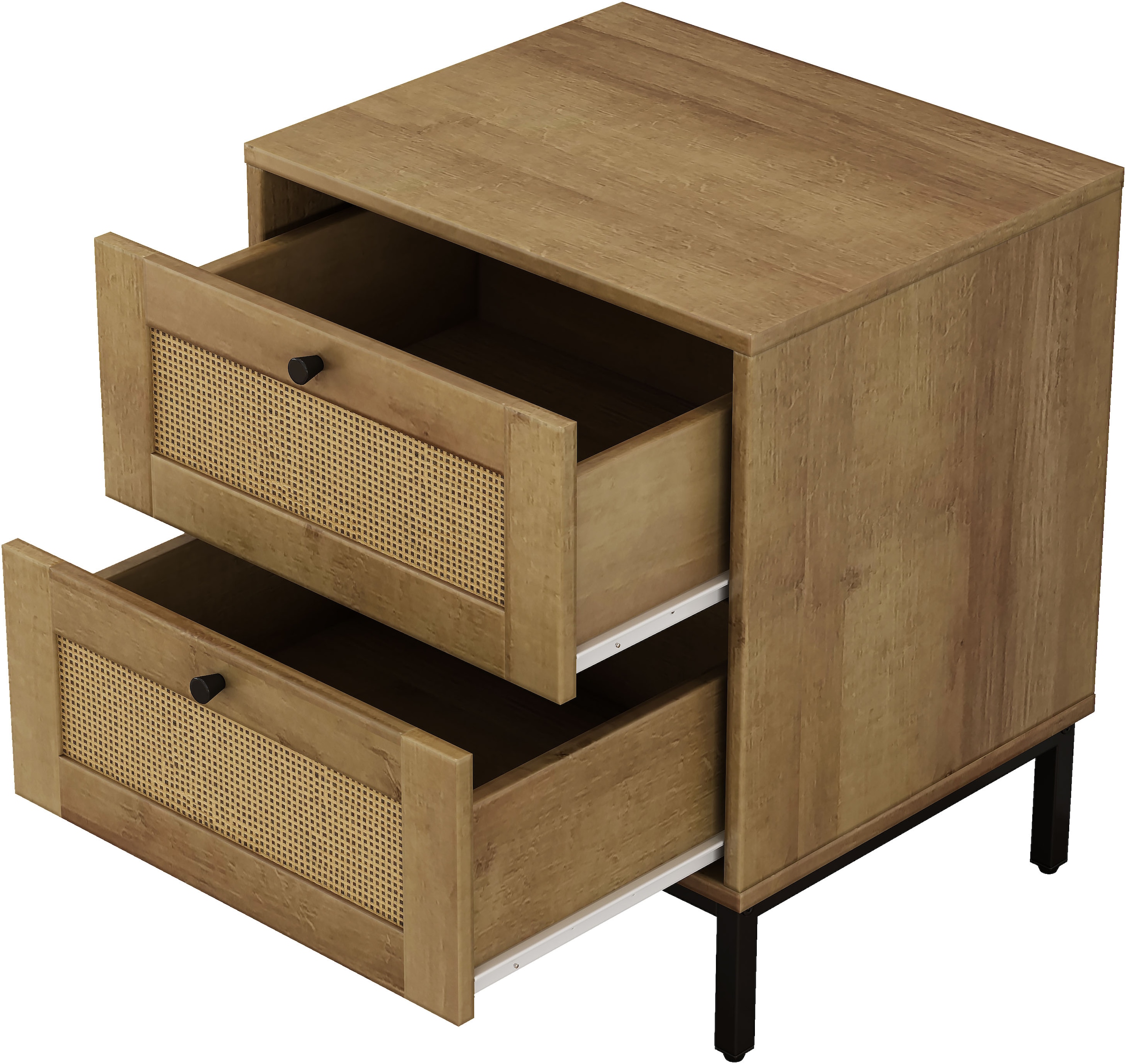 GOODproduct Nachtkommode »Motala Nachtschrank Set BOHO Style mit Geflecht Schubladen Bestseller« Set, 2 Schränke im Set - Eichen-Design mit schwarzen Griffen, 