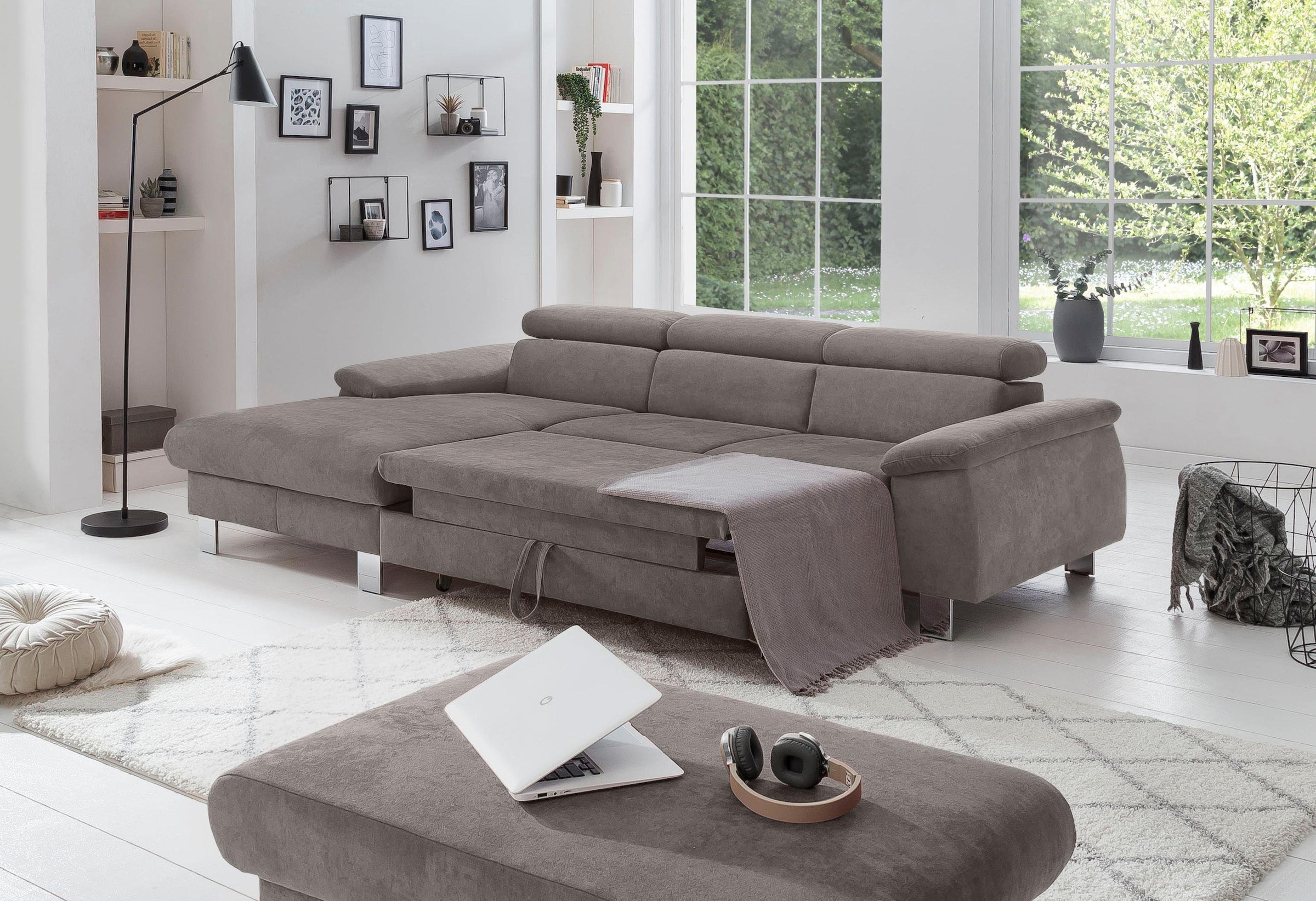 COTTA Ecksofa Komaris, Ecksofa, wahlweise mit RGB-LED-Beleuchtung und Bettfunktion/Bettkasten