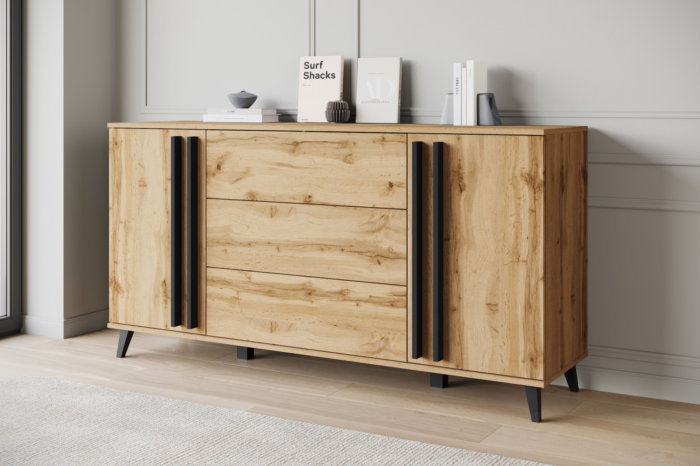 Home affaire Buffet »Helsinki, Kommode mit 2 Türen und 3 Schubladen, Breite 150 cm« 1 cuis tlg. Tiroirs push-to-open, étagères réglables en hauteur