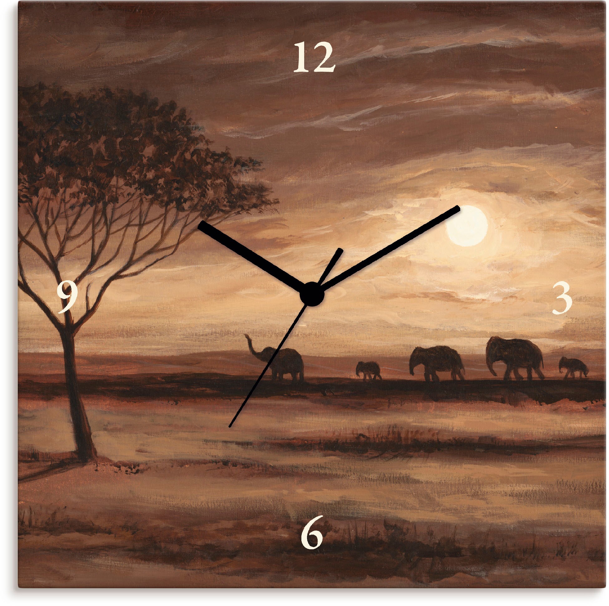 Image of Artland Wanduhr »Afrikanische braune Landschaft Elefanten«, lautlos, ohne Tickgeräusche, nicht tickend, geräuschlos - wählbar: Funkuhr o. Quarzuhr, moderne Uhr für Wohnzimmer, Küche etc. - Stil: modern bei Ackermann Versand Schweiz
