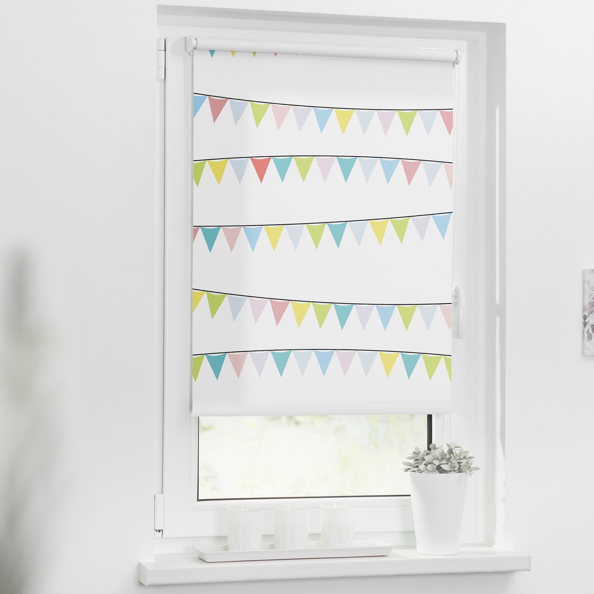 LICHTBLICK ORIGINAL Seitenzugrollo »Klemmfix Motiv Wimpelkette« Lichtschutz ohne Bohren freihängend bedruckt