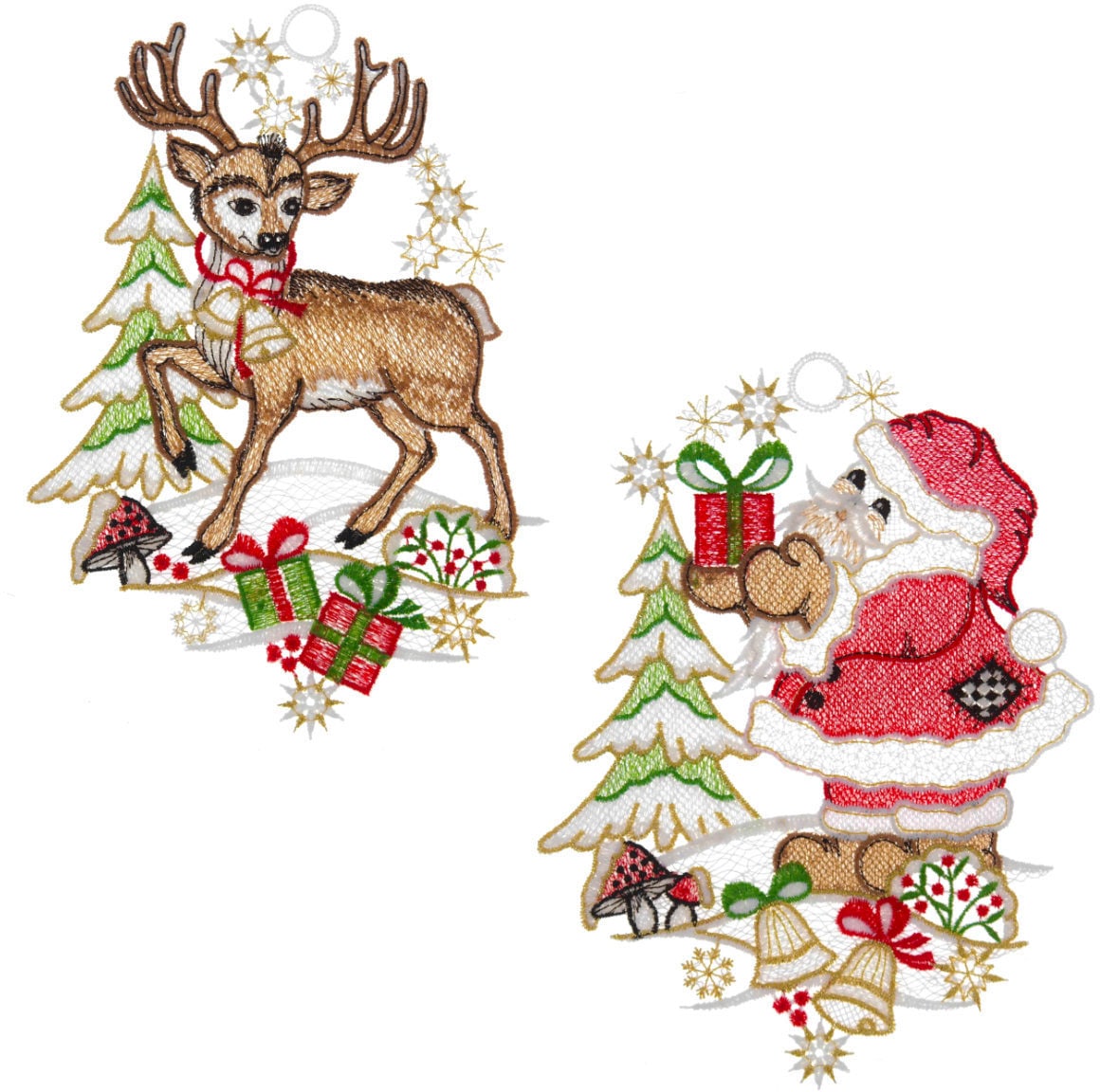 Image of W. Reuter & Sohn - Plauener Spitze Fensterbild "Weihnachtsmann und Hirsch" Made in Germany