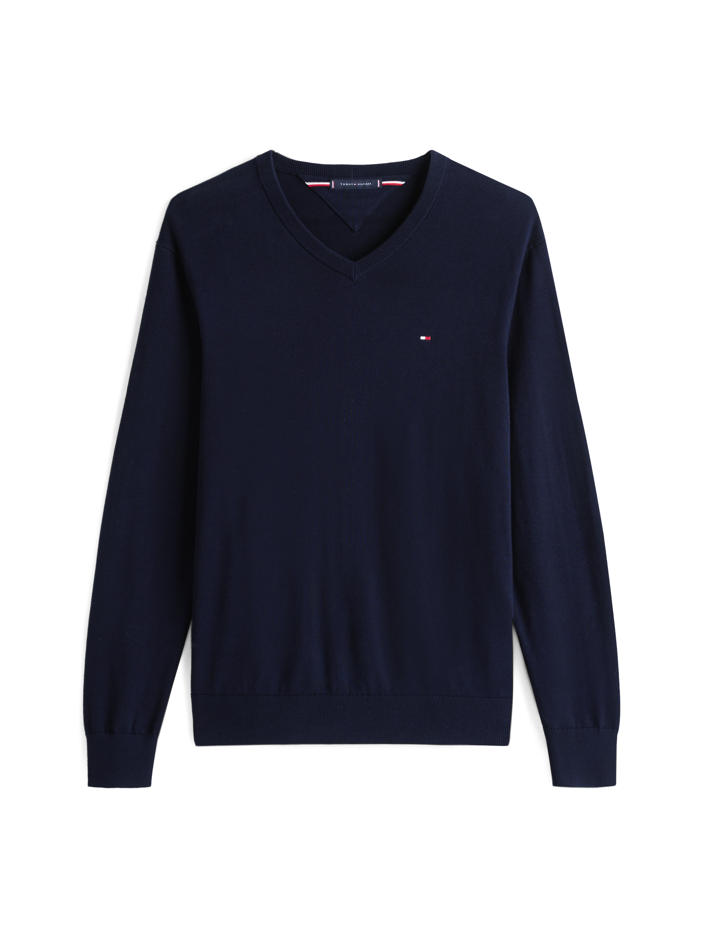Tommy Hilfiger Pull en tricot »ESSENTIAL COTTON V NECK mit V-Ausschnitt und Stickerei« unifarben, casual, regular fit, Baumwolle, V-Ausschnitt
