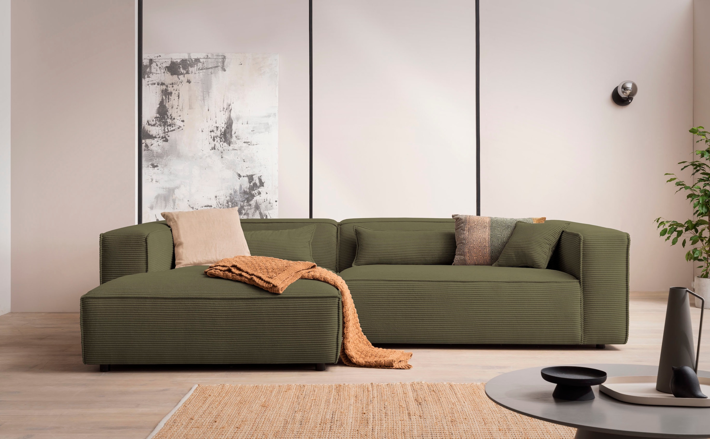 LeGer Home by Lena Gercke Ecksofa »PIARA XXL, Big-Sofa in Cord oder Leinenoptik, L-Form, mit Kedernaht«, wahlweise Ottomane rechts/links, schwarze Füsse, extra tiefe Sitzfläche