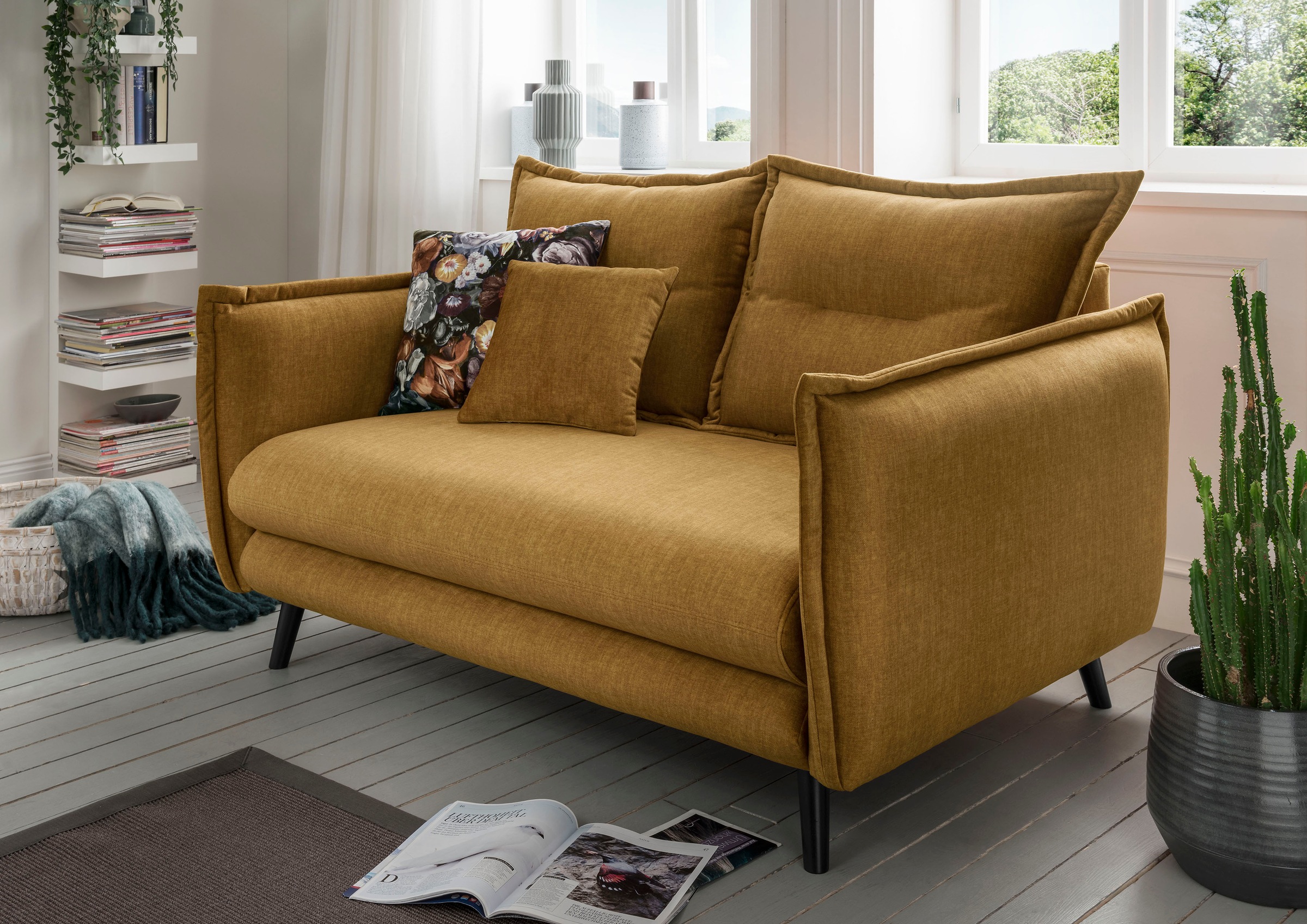 Image of Home affaire 2-Sitzer "Levke modernes Design: Kissen Optik, bequem, Holzfüss anthrazit" Velours, inkl. Rücken- und Zierkissen