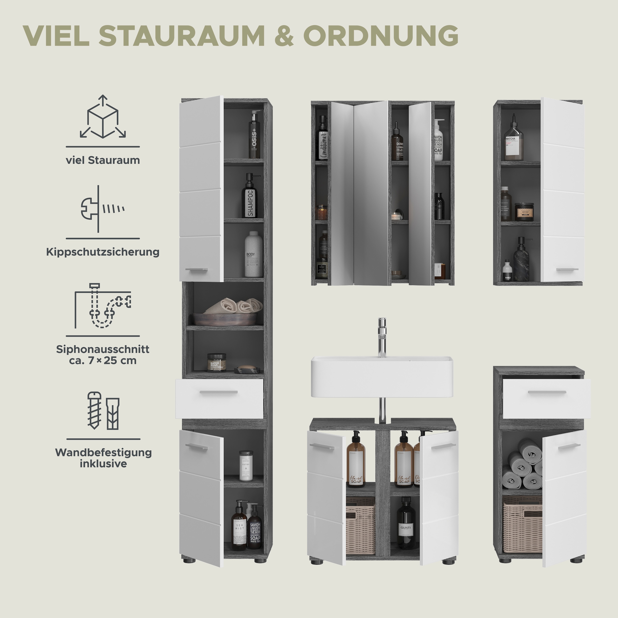 welltime Badmöbel-Set »LUCCA, 5-teilig, TOPSELLER!, MDF Hochglanzfront, bestehend aus:«, (Set, 5 St.), Hochschrank, WBU, Spiegel, Unterschrank, Hängeschrank
