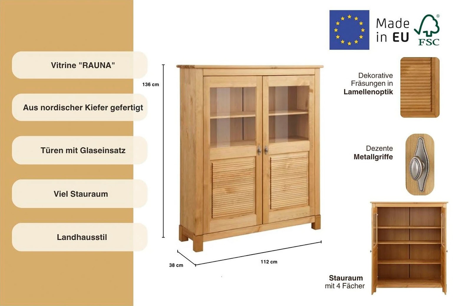 Home affaire Highboard »Rauna« Vitrine, Breite 111,6 cm, aus massiver Kiefer