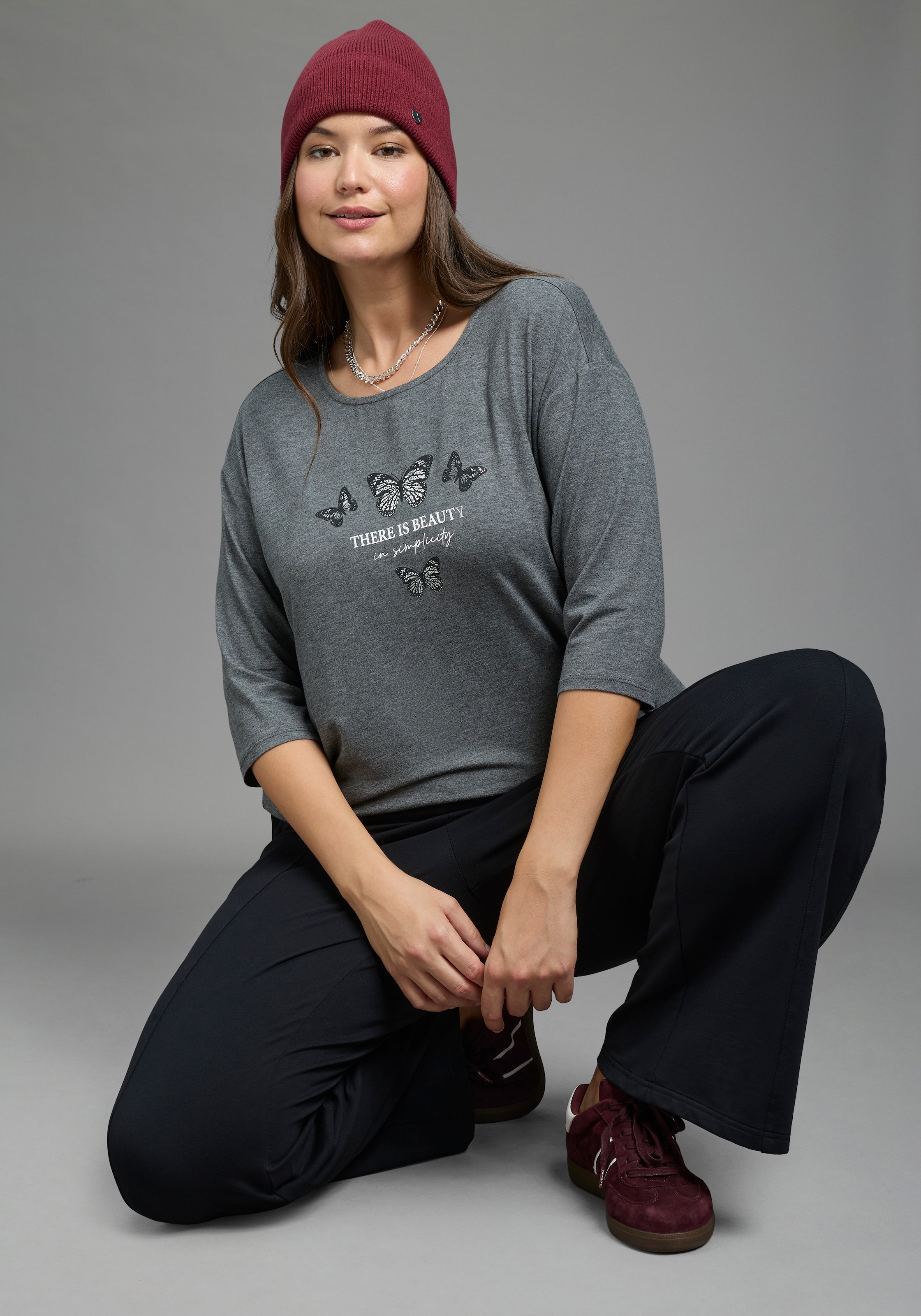 Laura Scott CURVE T-shirt à manches 3/4 »Grosse Grössen« ajusté à la silhouette, couvrant les hanches, avec encolure ronde