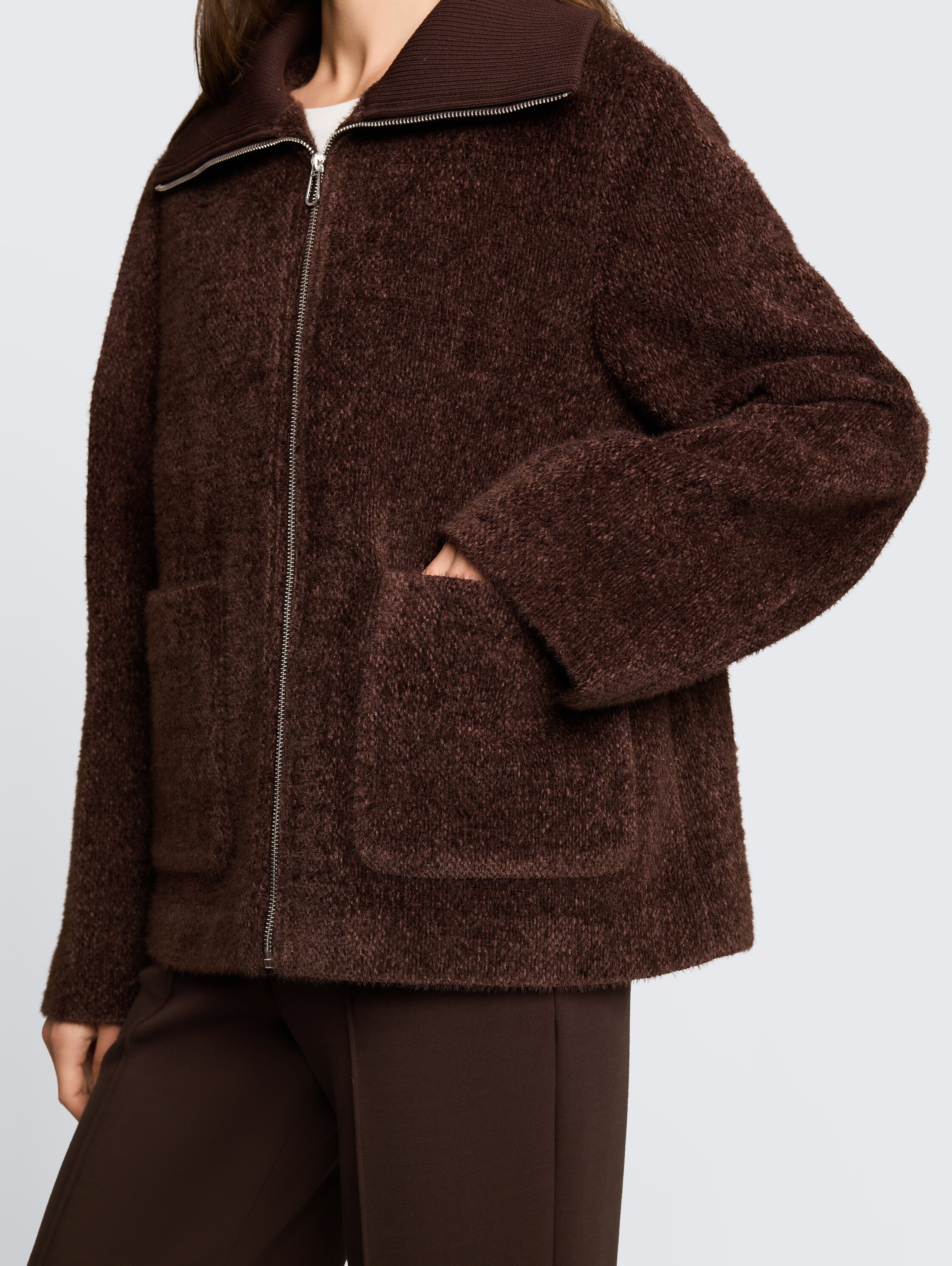 TOM TAILOR Strickfleecejacke ohne Kapuze mit Strick-Struktur und grossem Kragen