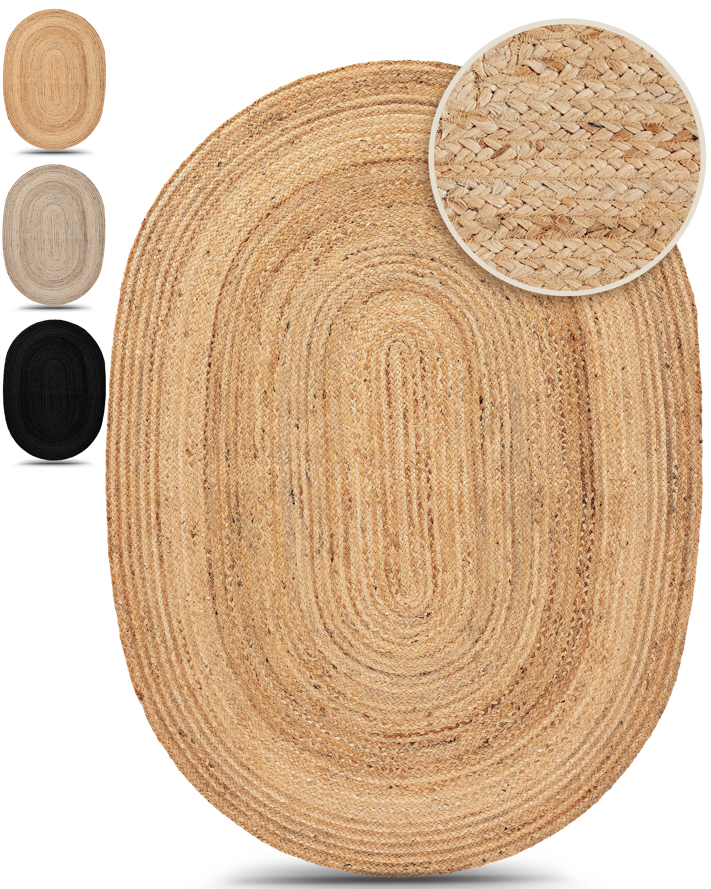 Image of carpetfine Teppich "Nele Juteteppich Naturfaser" rund 6 mm Höhe geflochtener Wendeteppich aus 100%Jute, in rund und oval, viele Grössen