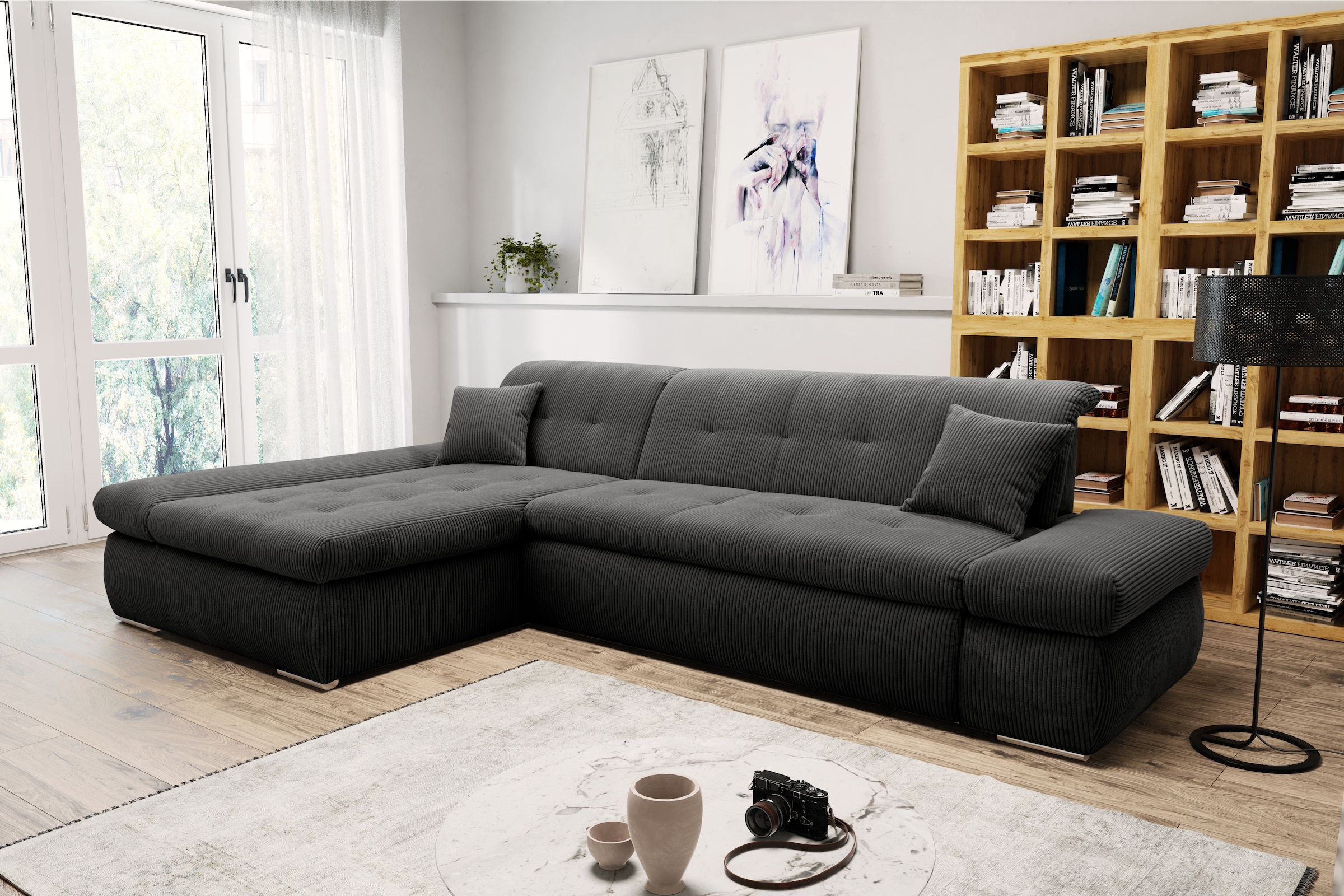 Image of DOMO collection Ecksofa "MORIC Massiv - Belastbar bis 140 kgxSitz, 300x172 cm, XXL-Format" L-Form, Cord, grau