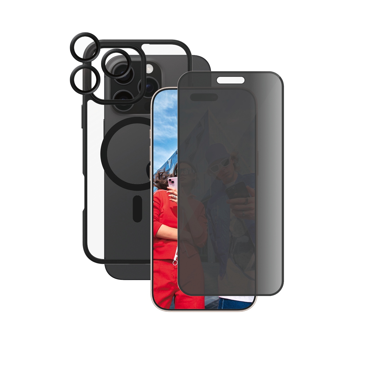 CARE by PanzerGlass Displayschutzglas »3-in-1 Protection, Privacy Glass, Case, Lens Cover«, für Apple iPhone 16 Pro Max, Displayschutzfolie, Schutzfolie, Bildschirmschutz, kratz- & stossfest