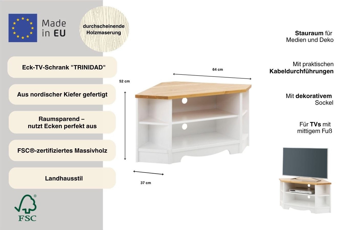 GOODproduct Table basse »Trinidad, TV-Schrank, Eck-TV -Schrank« Kommode, Breite 105 cm,  FSC® zertifiziertes Massivholz