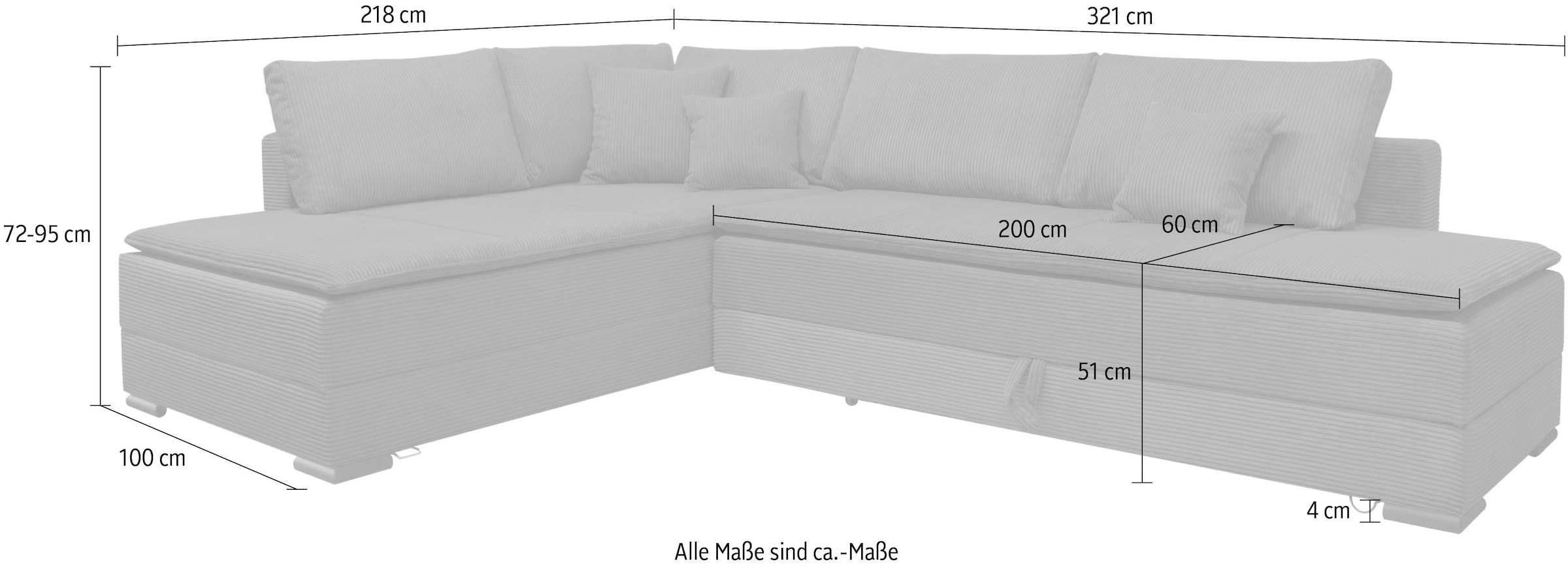 Home affaire Ecksofa »Night & Day L-Form, B: 321 cm, mit Dauer-Schlaffunktion 180x200 cm« Bettfunktion, Bettkasten, Topper & 3 Zierkissen, Boxspringbett in Cord