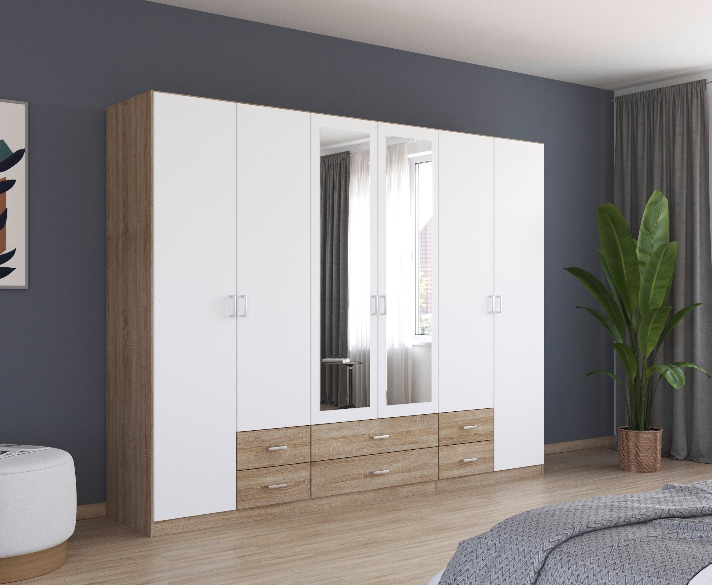 rauch Kleiderschrank »Gamma Drehtürenschrank Garderobe Schrank mit Spiegel«, in schlichtem Design mit Schubkästen und Spiegel, in 3 Breiten