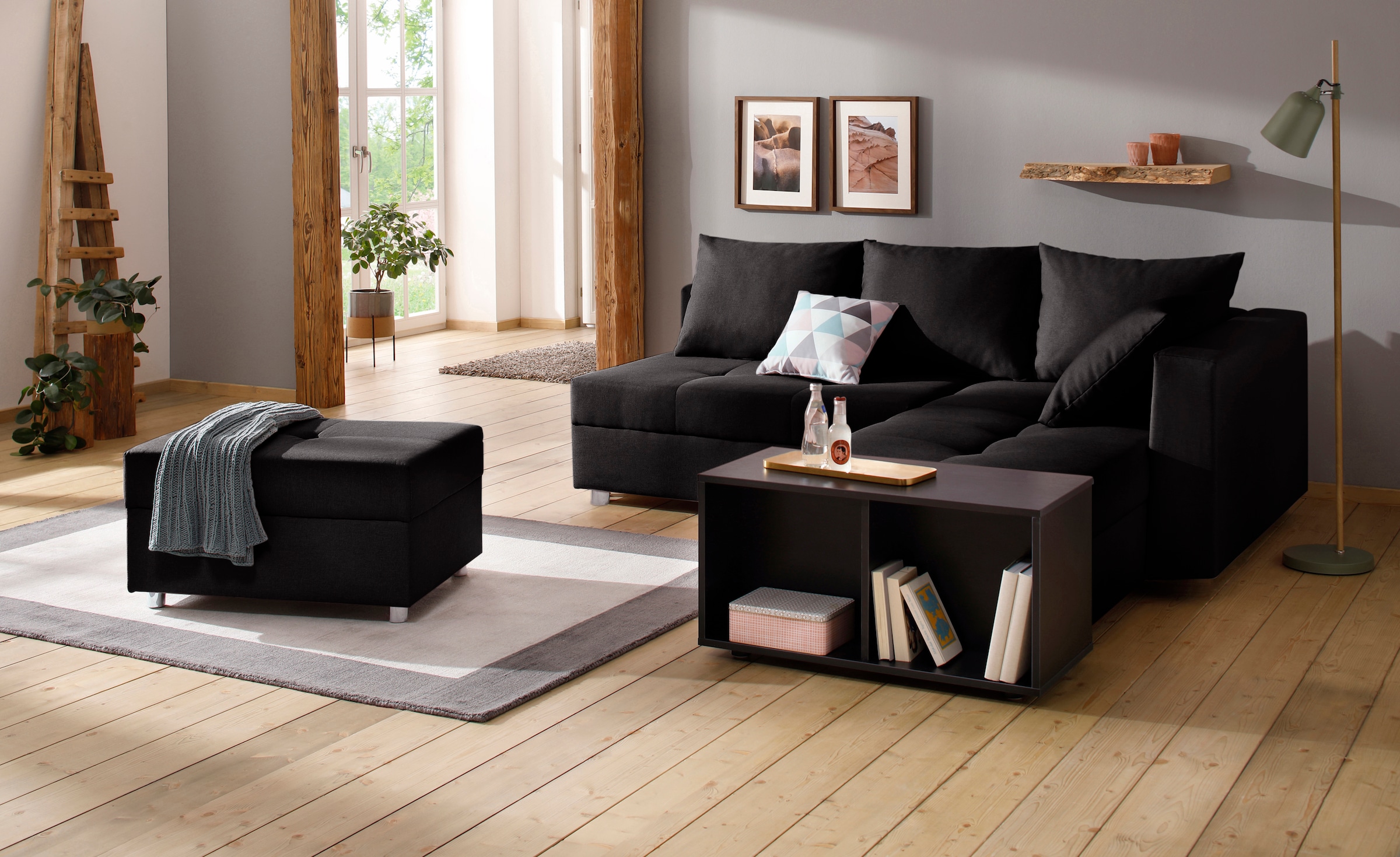 Home affaire Canapé d'angle »Italia L-Form, B: 217 cm« Fonction couchage, coffre de lit et 1 coussin décoratif, ressorts ensachés