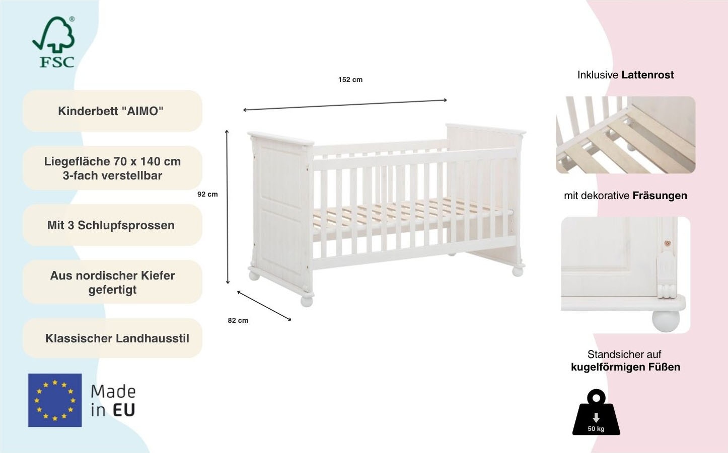 Lüttenhütt Lit bébé »Aimo. Landhausstil, mit Kassetten, stabile und hochwertige Qualität« aus Massivholz (Kiefer); FSC®-Holz zertifiziert
