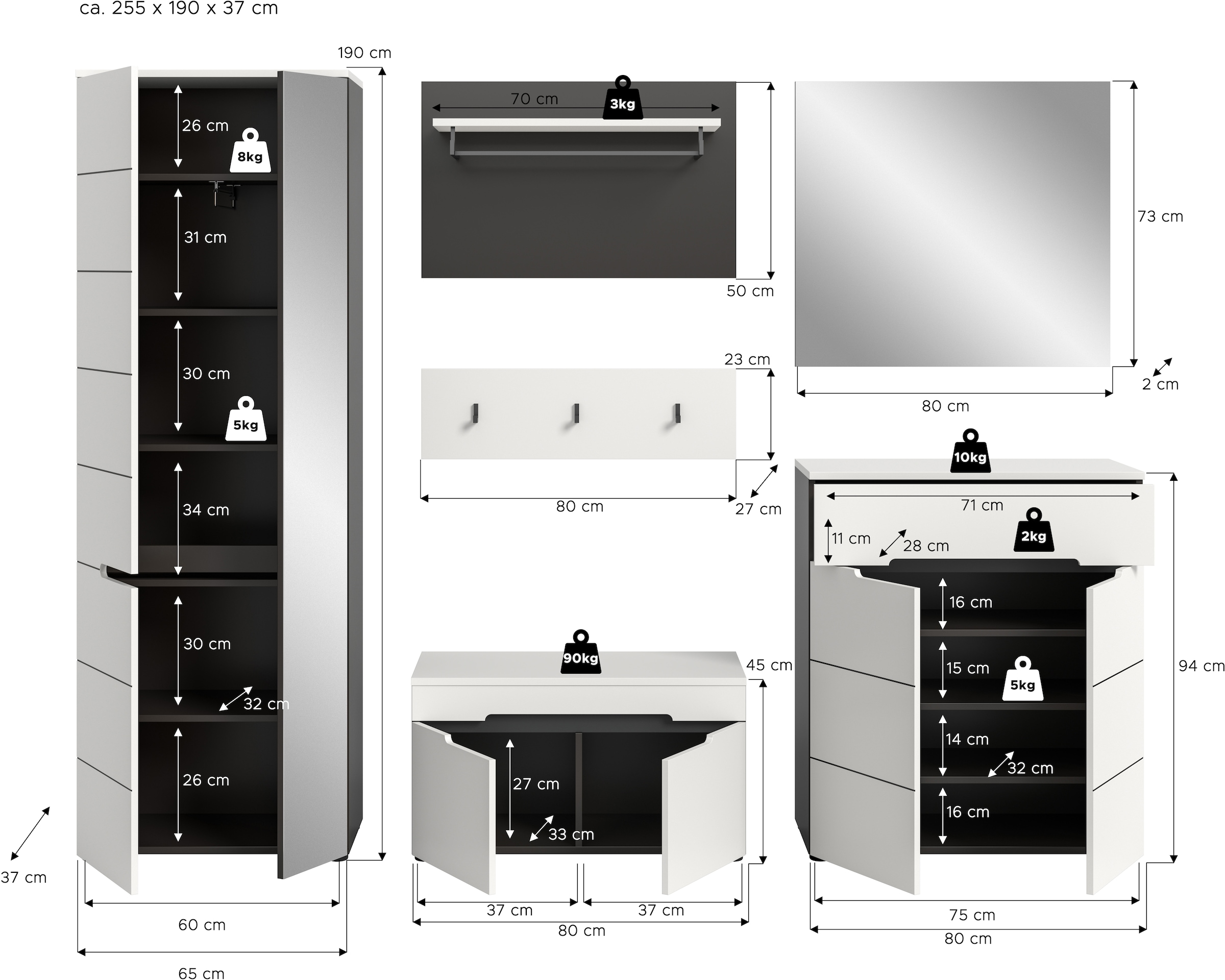 Home affaire Garderoben-Set »Rehat, Garderobenkombination, Breite 255cm« Garderobenschrank, Sitzbank, Paneel, Hakenleiste, Spiegel, Kommode, 6 Stk. tlg.