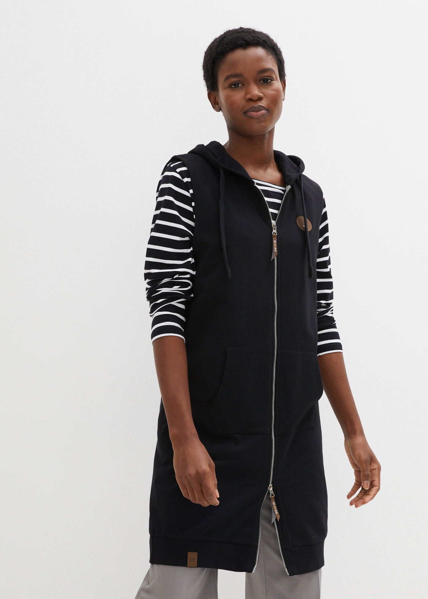 Image of bonprix Sweatweste lange Weste mit Kapuze, Baumwoll-Mischung, 2-Wege-Zipper