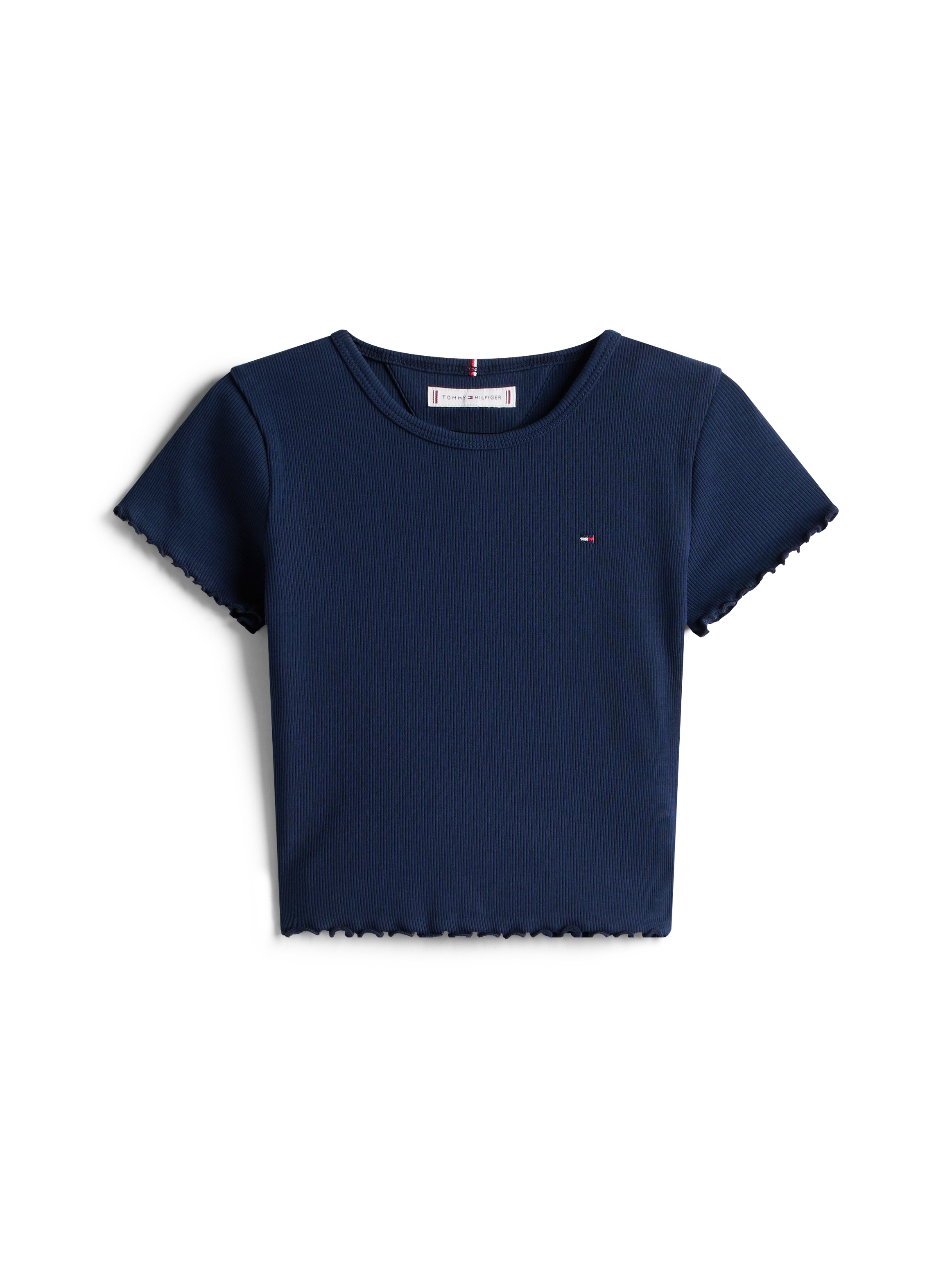 Tommy Hilfiger T-Shirt »ESSENTIAL RIB TOP mit Babylock-Kanten und Stickerei«, unifarben, casual, regular fit, Baumwollmix, Rundhals
