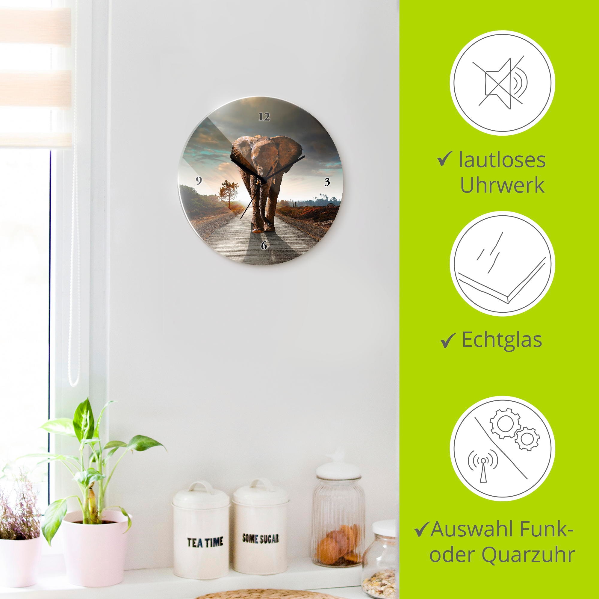 Artland Wanduhr »Ein Elefant läuft auf der Strasse« wahlweise mit Quarz- oder Funkuhrwerk, lautlos ohne Tickgeräusche