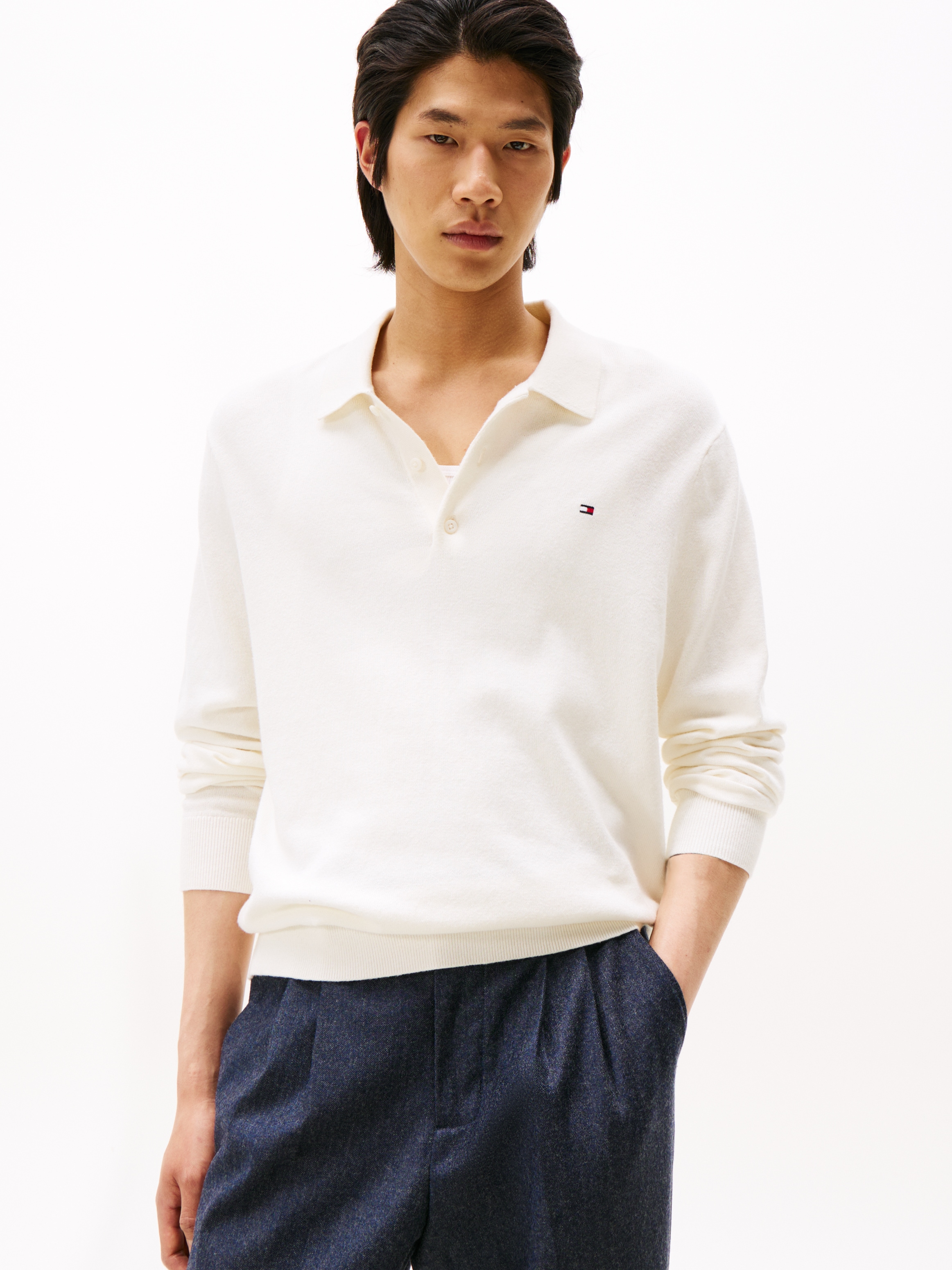 Image of Tommy Hilfiger Polokragenpullover "PIMA ORG CTN CASHMERE LS" Flag-Stickerei auf Brust