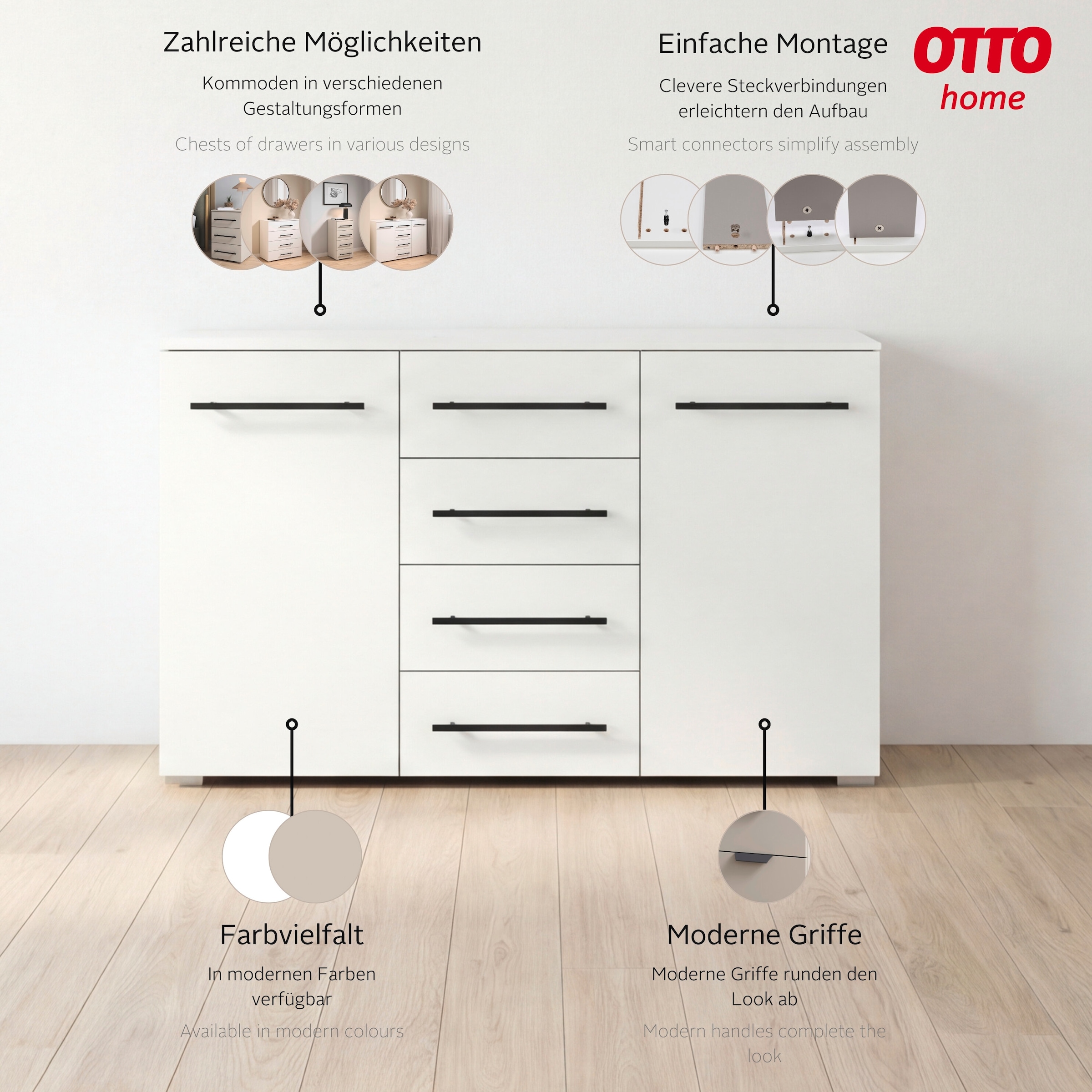 GOODproduct Commode combinée »Sideboard Türkommode Schubladenkommode Kommode RONDO« Largeur 120 / hauteur 81 cm, 4 étagères,  avec 4 tiroirs spacieux, poignée métal noire MADE IN GERMANY