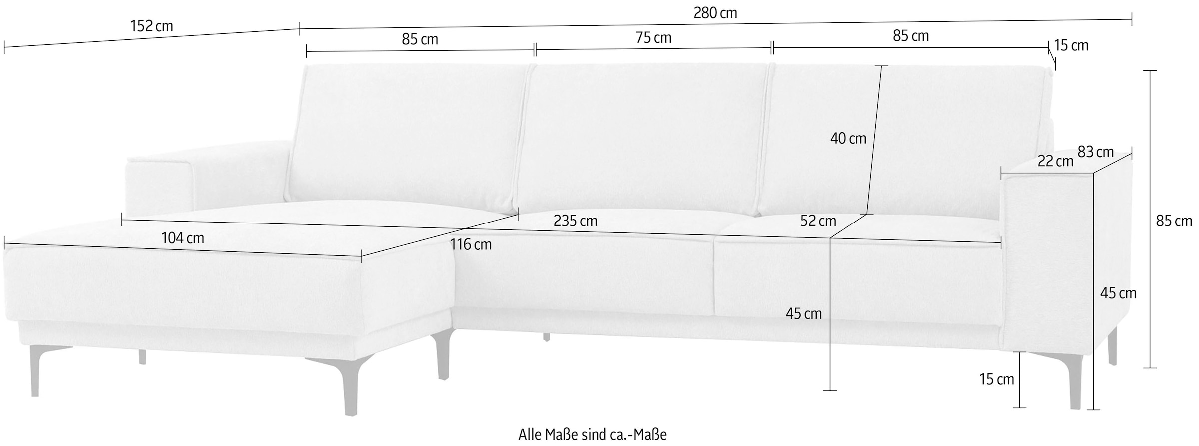 Places of Style Ecksofa »Polsterecke Oland, Struktur, Flachgewebe, Luxus-Microfaser, Boucle«, L-Form, 280 cm, Wellenunterfederung, Skandi-Design, Metallfüsse