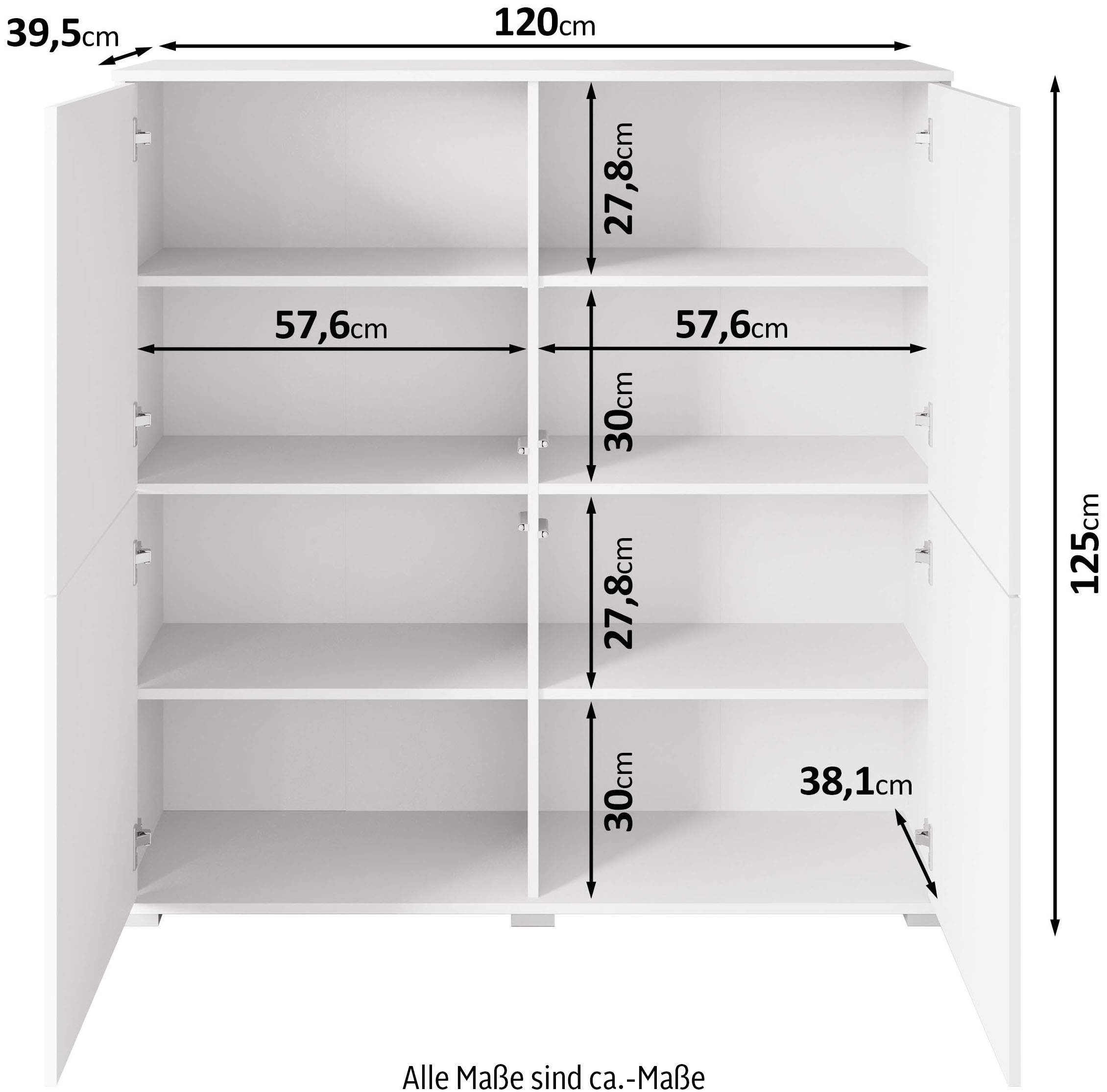 GOODproduct Highboard »Kenia, moderne grifflose Hochkommode mit 4 Türen, Breite 120 cm« 1 Stk. tlg. Push-to-Open-Fronten, höhenverstellbaren Einlegeböden