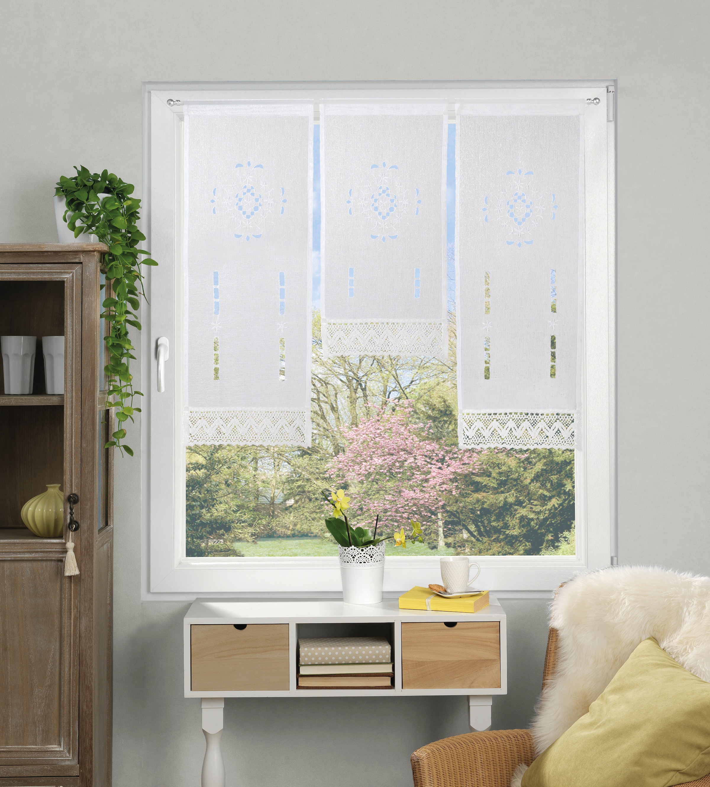 Image of HOME WOHNIDEEN Vorhang "ALEGRA" Stangendurchzug 3 Stk. tlg. 3 teiliger Fensterbehang bestickt